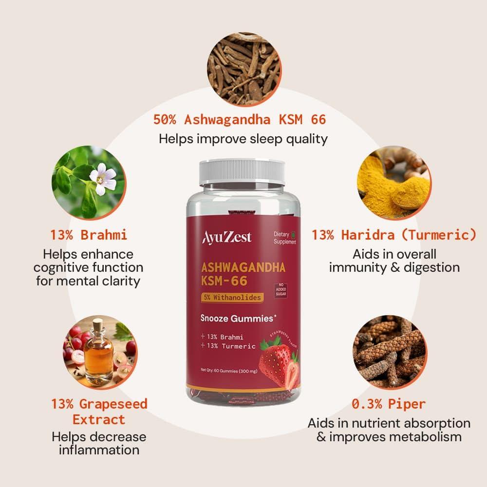 S.K. Health Care AyuZest Ashwagandha KSM-66 Snooze Gummies 3600mg Sleep Support & Stress Reduction, Promotes Relaxation & Recovery, 60 Count For Men & Women (Pack of 1)