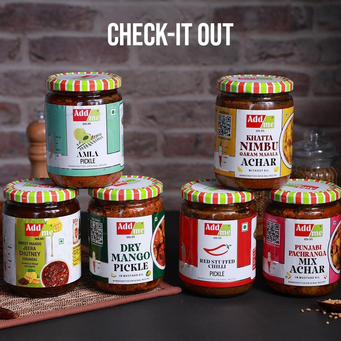 Add me Add me Combo Pickle Pack 6 In 1 Dry Mango Achar 150Gm + Mixed Pickles 200Gm + Amla Murabba 200Gm + Sweet Lemon Pickle 200Gm + Lal Mirchi Ka Achar 200Gm + Sweet Mango Jeera Chutney 200Gm Glass Jar