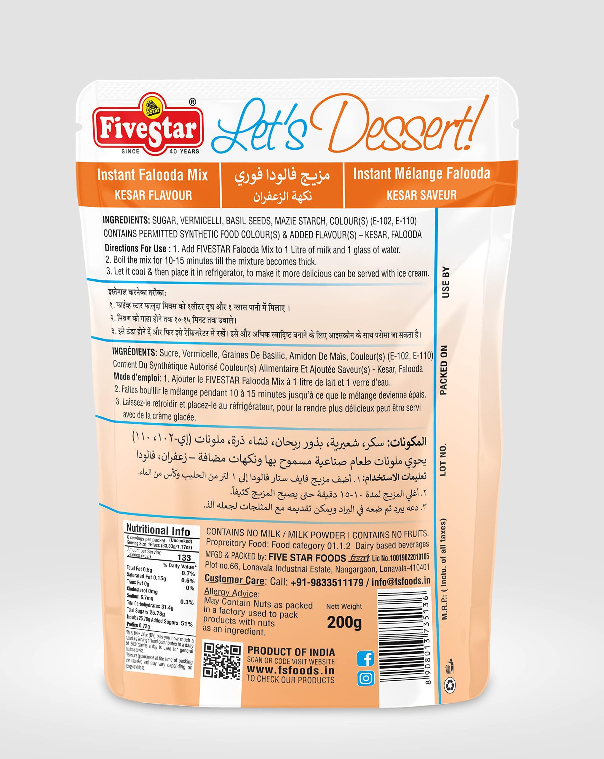 FIVESTAR Five Star Falooda Mix Kesar 200 Gram - Pack of 4, 800g for Children and Adults |Extra Creamy | Easy to Make | Ready to Eat