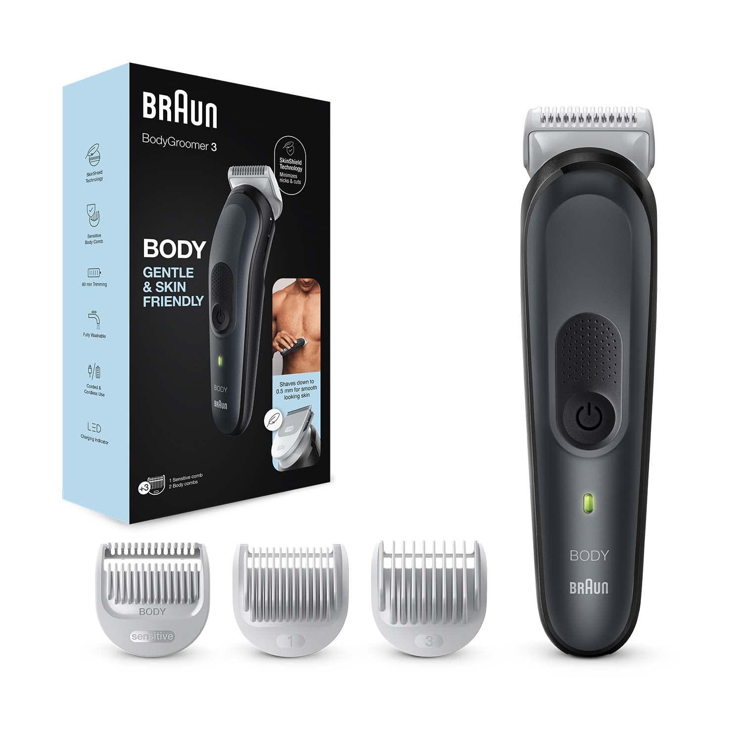 Braun Braun Body Groomer 3 for Men from Gillette, BG3340, Manscaping Tool, SkinShield Technology, Sensitive Comb, Lifetime Sharp Metal Blade, Body Groomer for Men, Gray/Black