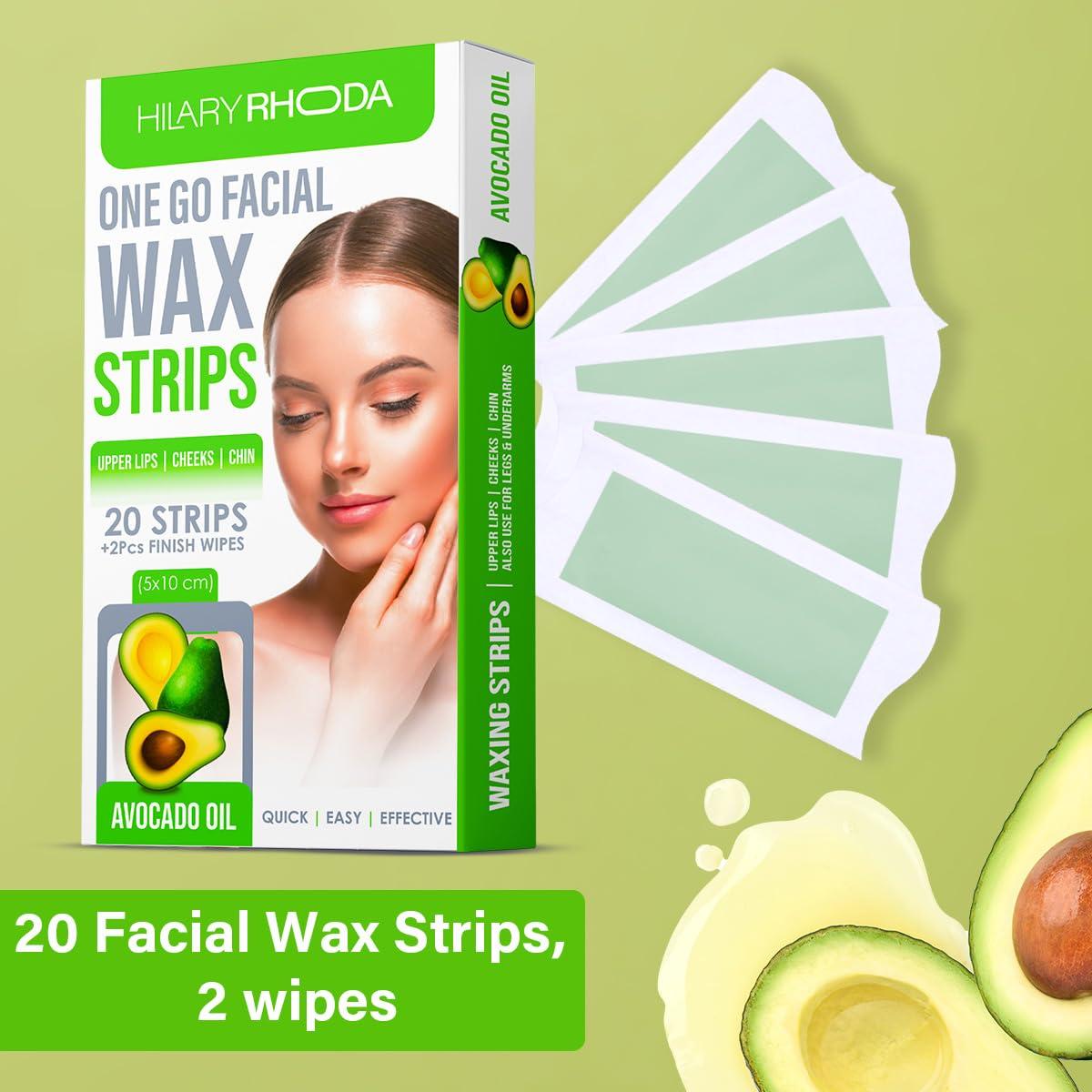 Hilary Rhoda Hilary Rhoda One Go Facial Wax Strips | Ready-To-Use Facial Wax Strips | Face, Cheek, Upper Lip & Chin Facial Wax | Painless Hair Removal | With 2 Finish Wipes | 20 Strips (Avocado Oil)
