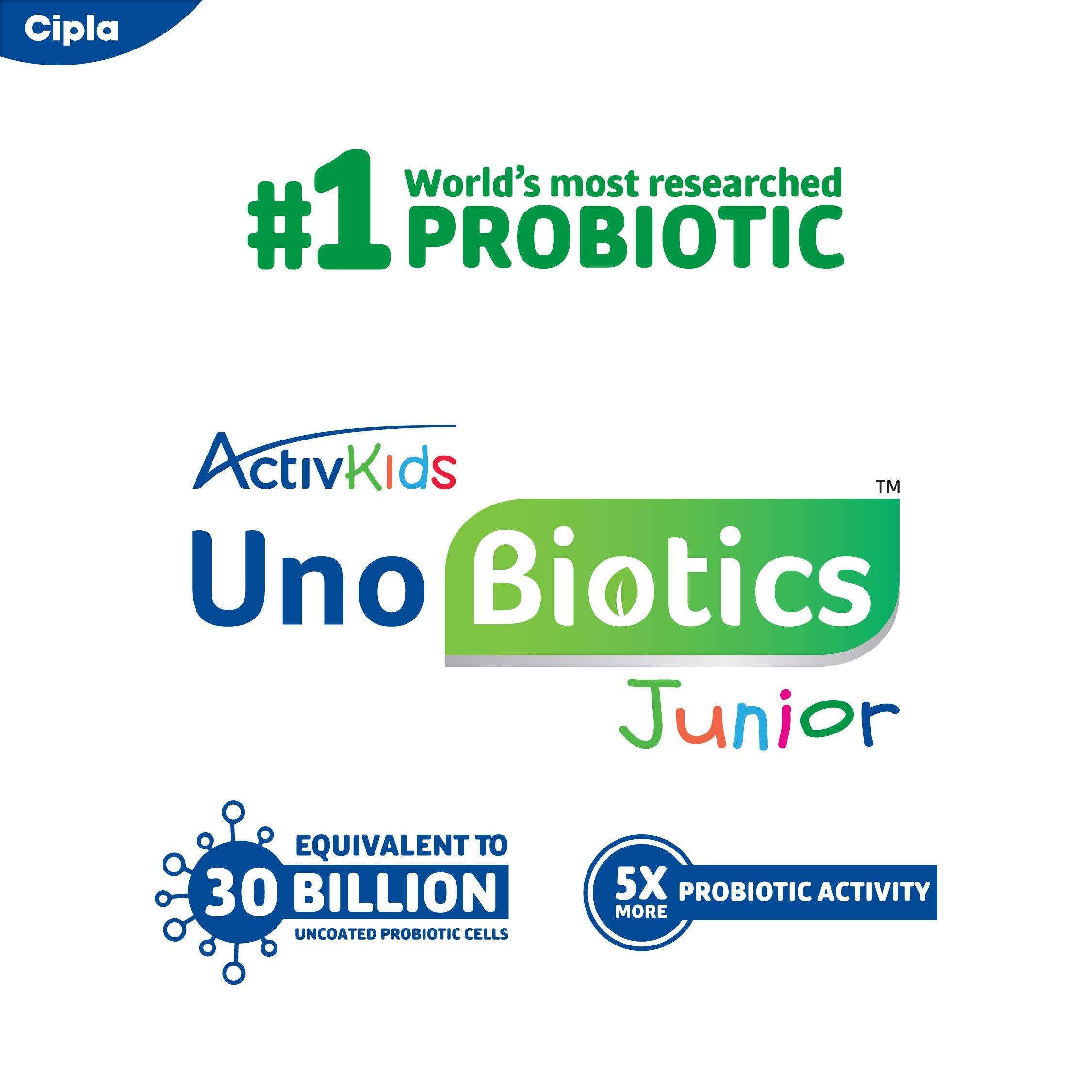 Cipla Cipla ActivKids Unobiotics Junior With 5X More Probiotic Activity |Powder Helps Build Immunity & Refills Good Bacteria | Probiotics for Kids - 10 Sachets