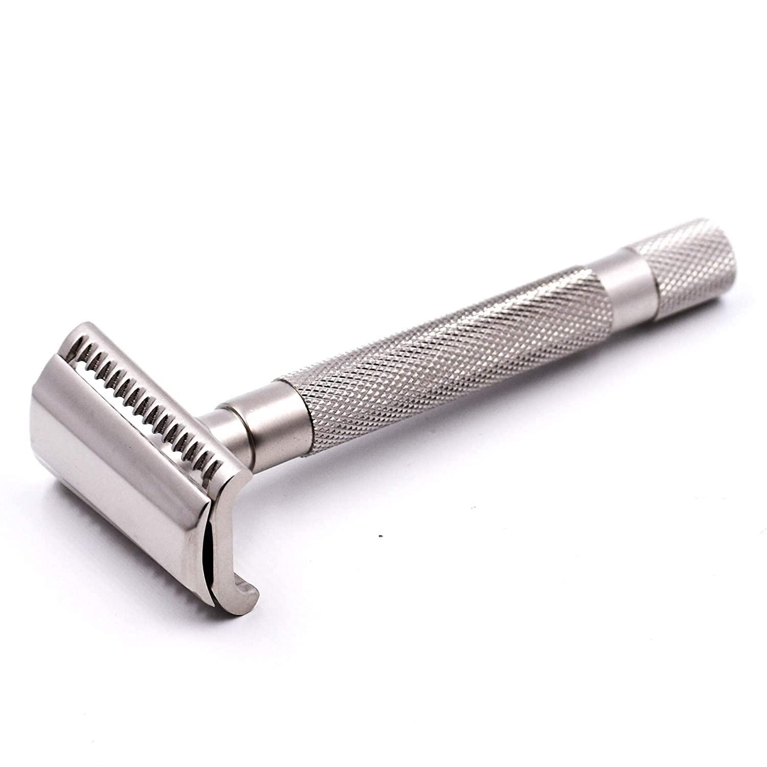 Parker Safety Razor PARKER Safety Razor - Semi Slant Safety Razor with 5 Parker Premium Double Edge Stainless Steel Razor Blades - Satin Chrome