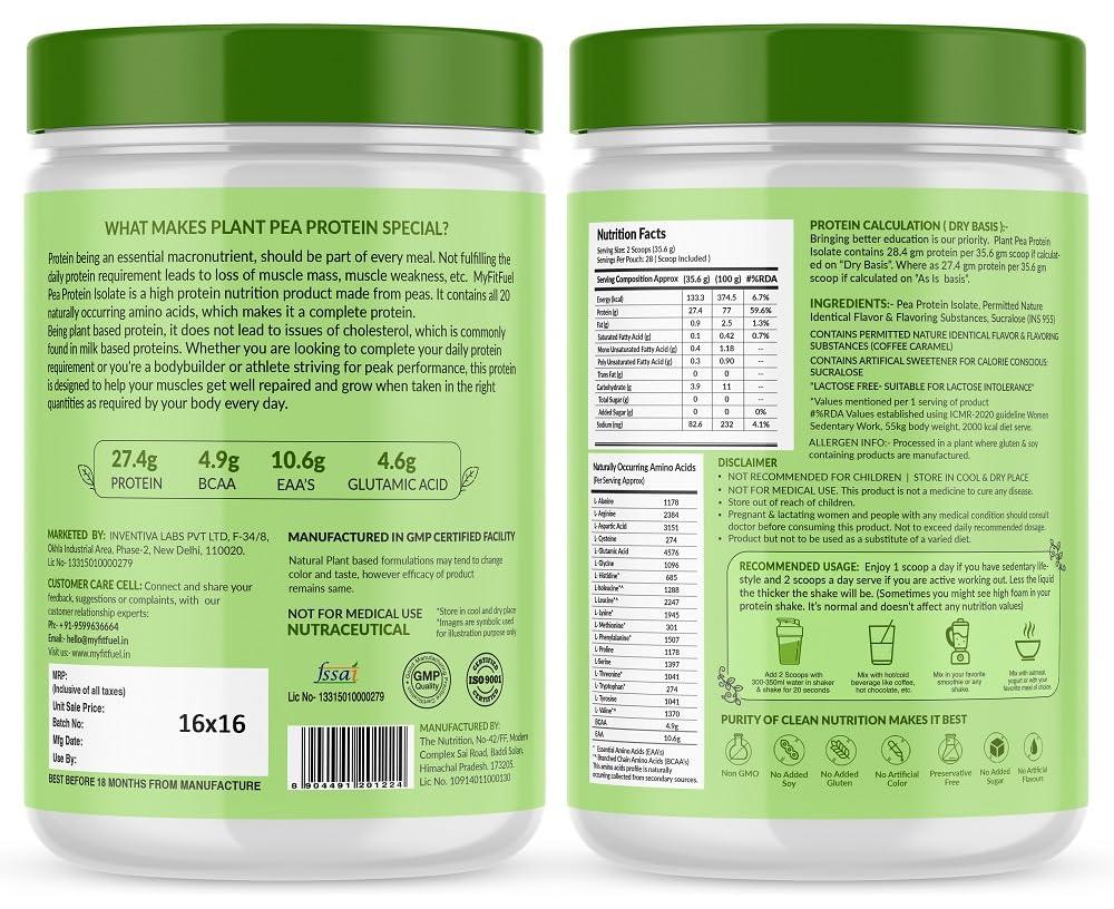 MyFitFuel MyFitFuel Clean Plant Pea Protein Isolate (27.4g Protein, 4.9g BCAA, 10.6g EAA) |Easy to Digest | Vegan Plant Protein Powder [1Kg, 28 Servings, (Coffee Caramel)]
