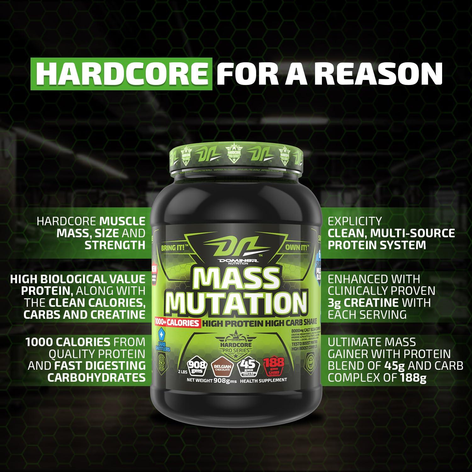 DN DOMIN8R NUTRITION DN Mass Mutation Weight Gainer, 908 g (2 Lbs), Belgain Chocolate, High Protein Mass Gainer, 45g of Protein Per Serving With TESTO Boost | HGH Boost| CGT Bcaa Complex