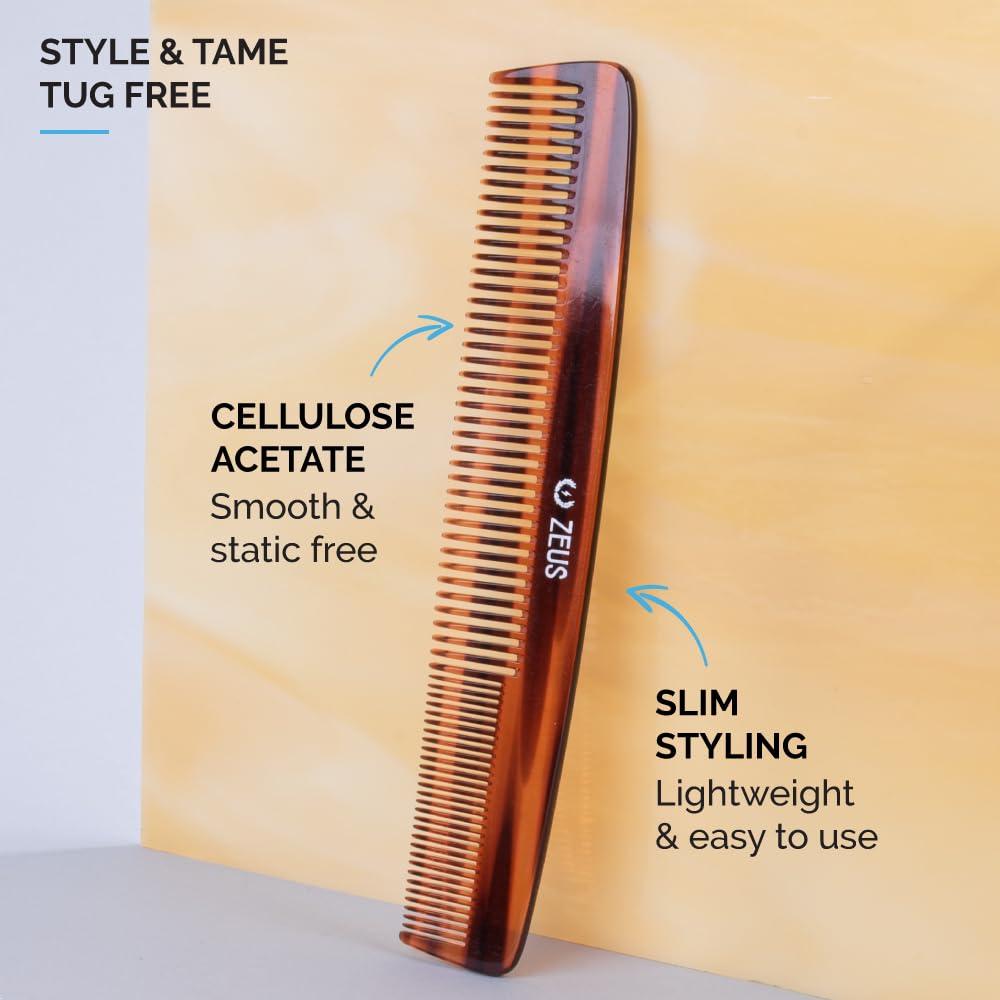 ZEUS ZEUS 7.5\" Saw-Cut Handmade 2-in-1 Beard & Mustache Comb, Tortoiseshell
