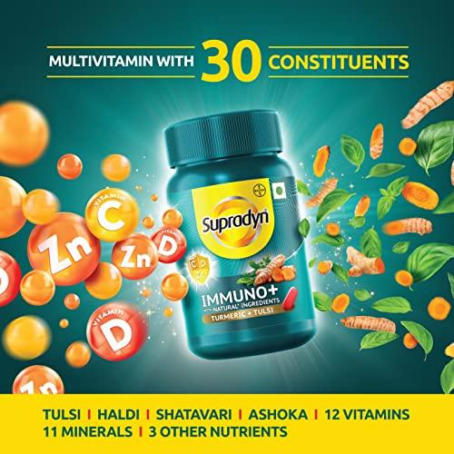 Supradyn Supradyn Immuno +, Multivitamin, Natural immunity booster with Vit C, Vit D, Zinc, Unique blend of Tulsi, Turmeric, Shatavari & Ashoka (30 Tabs)
