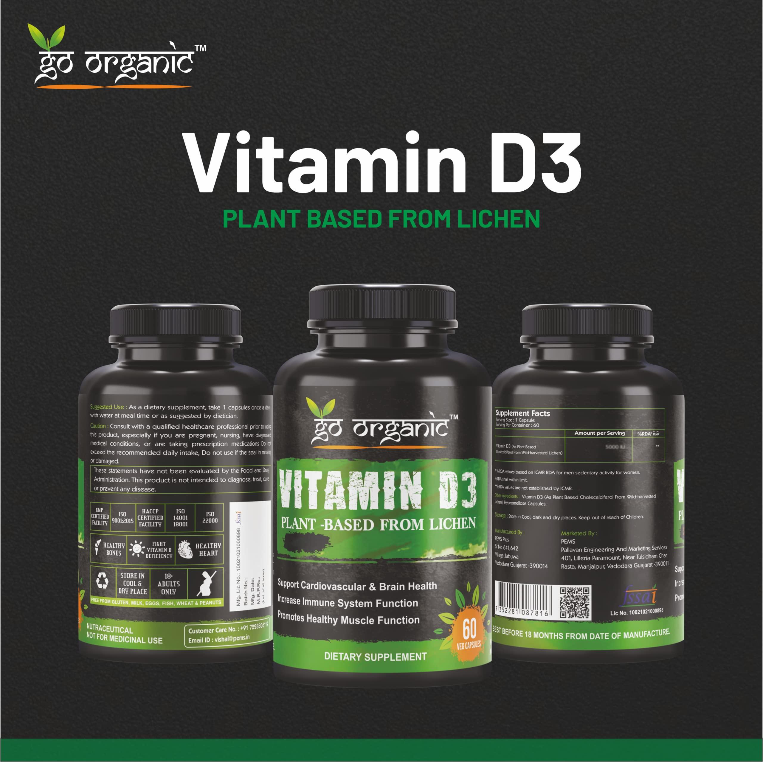 Go Organic Go Organic Vitamin D3 Plant Based from Lichen - Natural D3 Supplement for Immune System, Bone Support, Joint Health - Vegan - Non-GMO - Gluten Free 60 Cap.