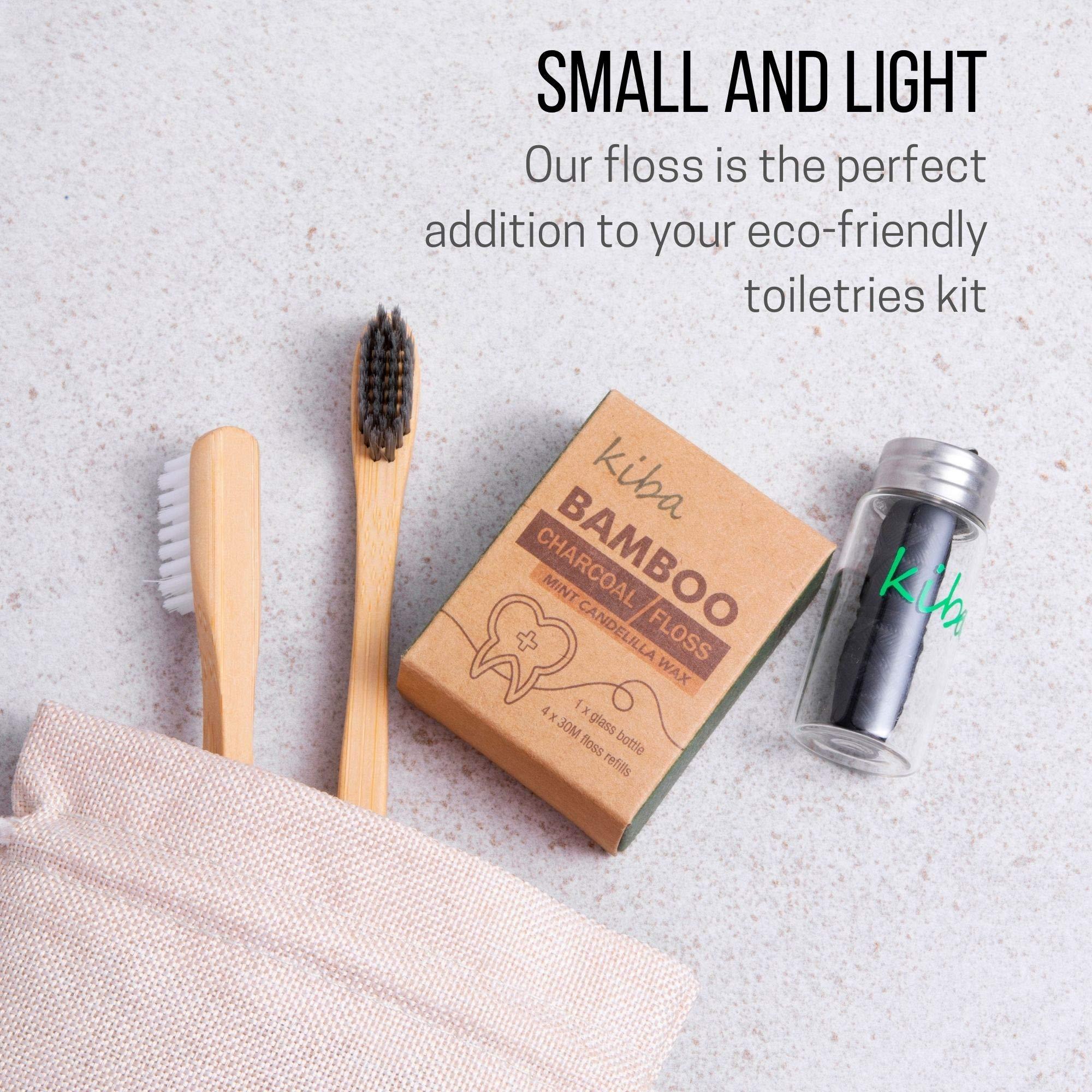 Kiba Kiba Bamboo Charcoal Floss w/ Reusable Floss Container 5 pc Kit (1 Glass Floss Container + 4x30m Dental Floss Refills) - Eco Friendly Floss w/ Candelilla Wax - Mint - Vegan
