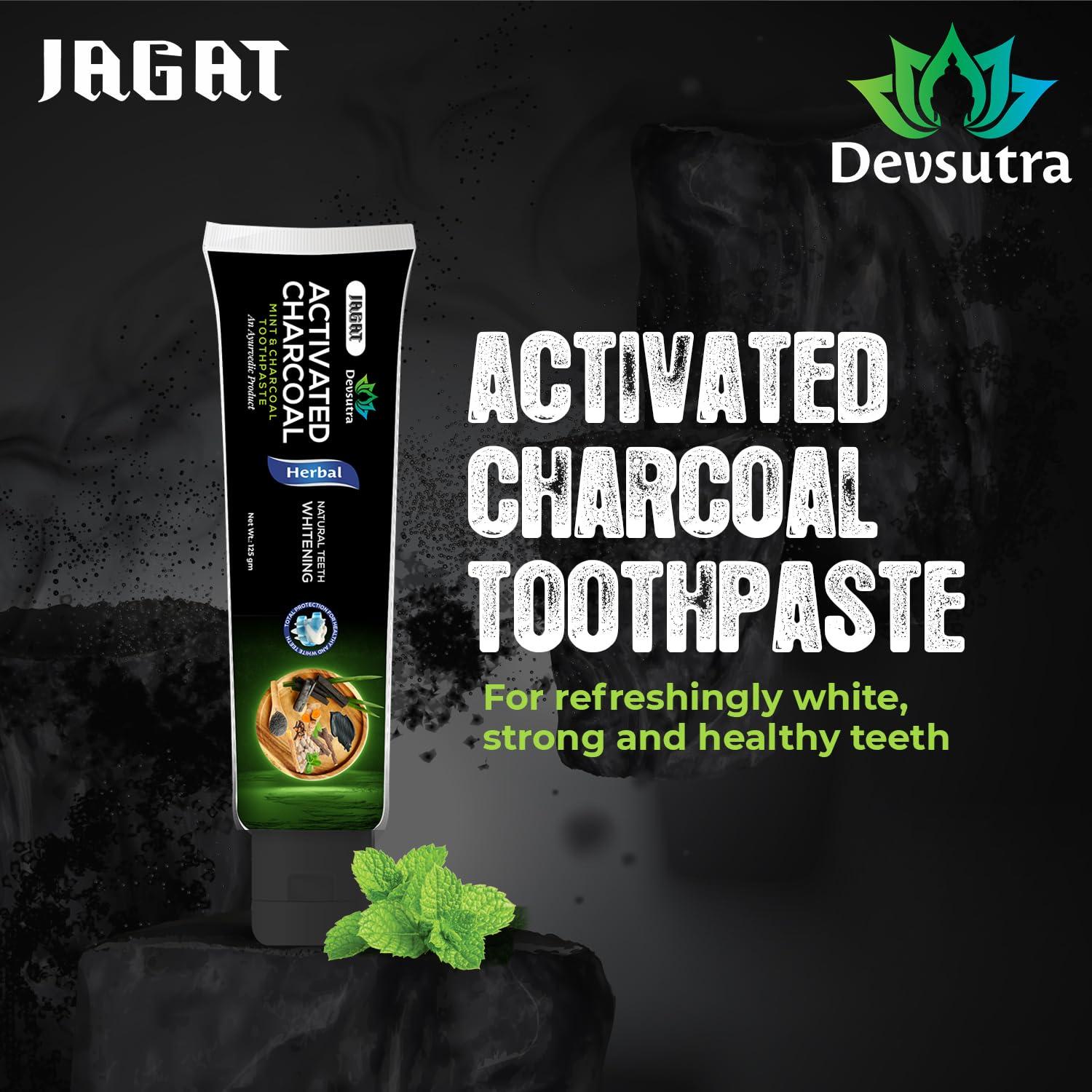 JAGAT Jagat Devsutra Dr. Trusted Ayurvedic HERBAL Activated Charcoal Toothpaste for Teeth Whitening - 100% Natural Formula with Mint Flavour, No Fluoride & Artificial Colours - Pack of 8 (100g x 8)