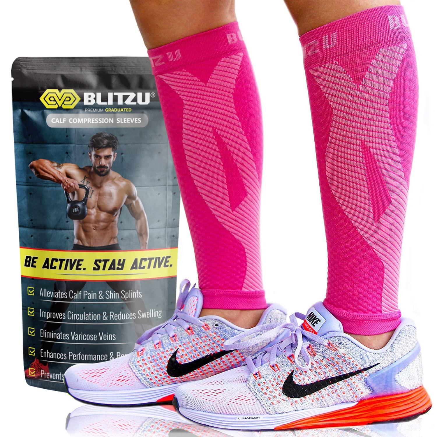 BLITZU BLITZU Calf Compression Sleeve Leg Performance Support Shin Splint & Calf Pain Relief. Men Women Runners Guards Sleeves Running. Improves Circulation Recovery