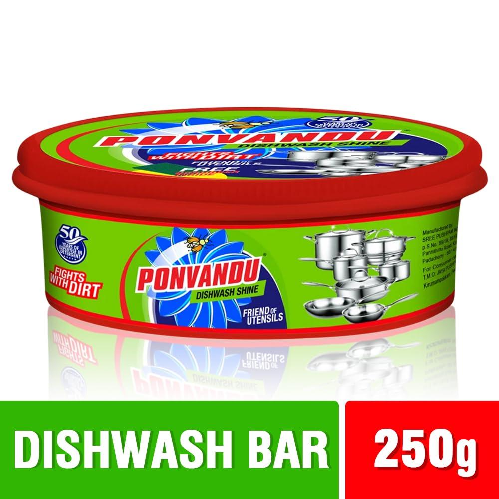 PONVANDU Ponvandu Dishwash Bar Lemon Tub, Removes Stain And Grease From Utensils With Power Of Lemon | With Free Scrubber |.(250gm, Pack of 5)