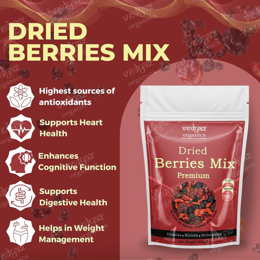Vedyaz Organics Vedyaz Organics Dried Berries Mix 200gm - Mix of Blueberry, Goji berry, Strawberry & Cranberries Dry fruits - Rich in Nutrients & Antioxidants
