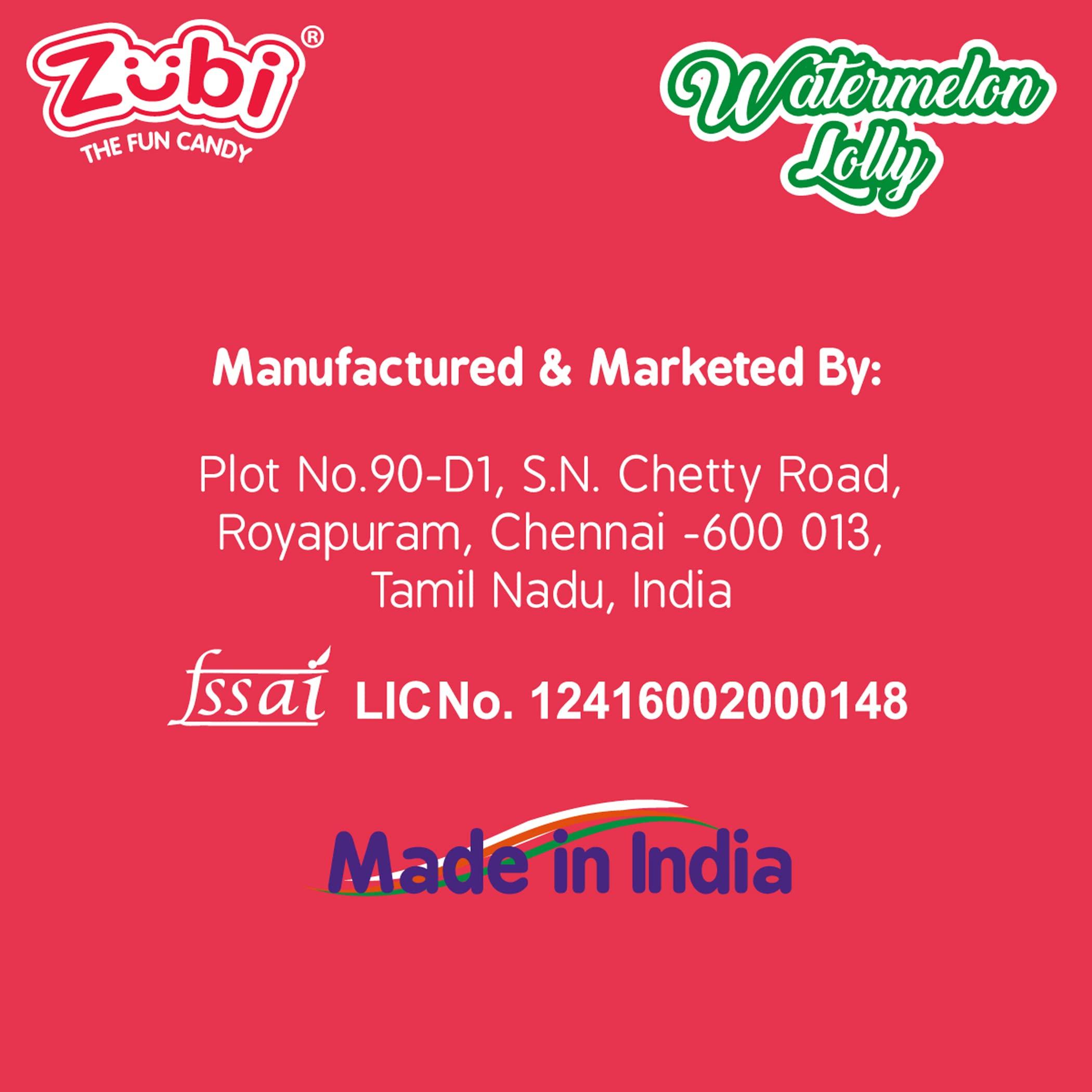 ZUBI THE FUN CANDY Zubi Candy Watermelon Lollipops | Sweet Watermelon Flavour | Enriched with Vitamin C | Gluten-Free | 80g | Pack of 12