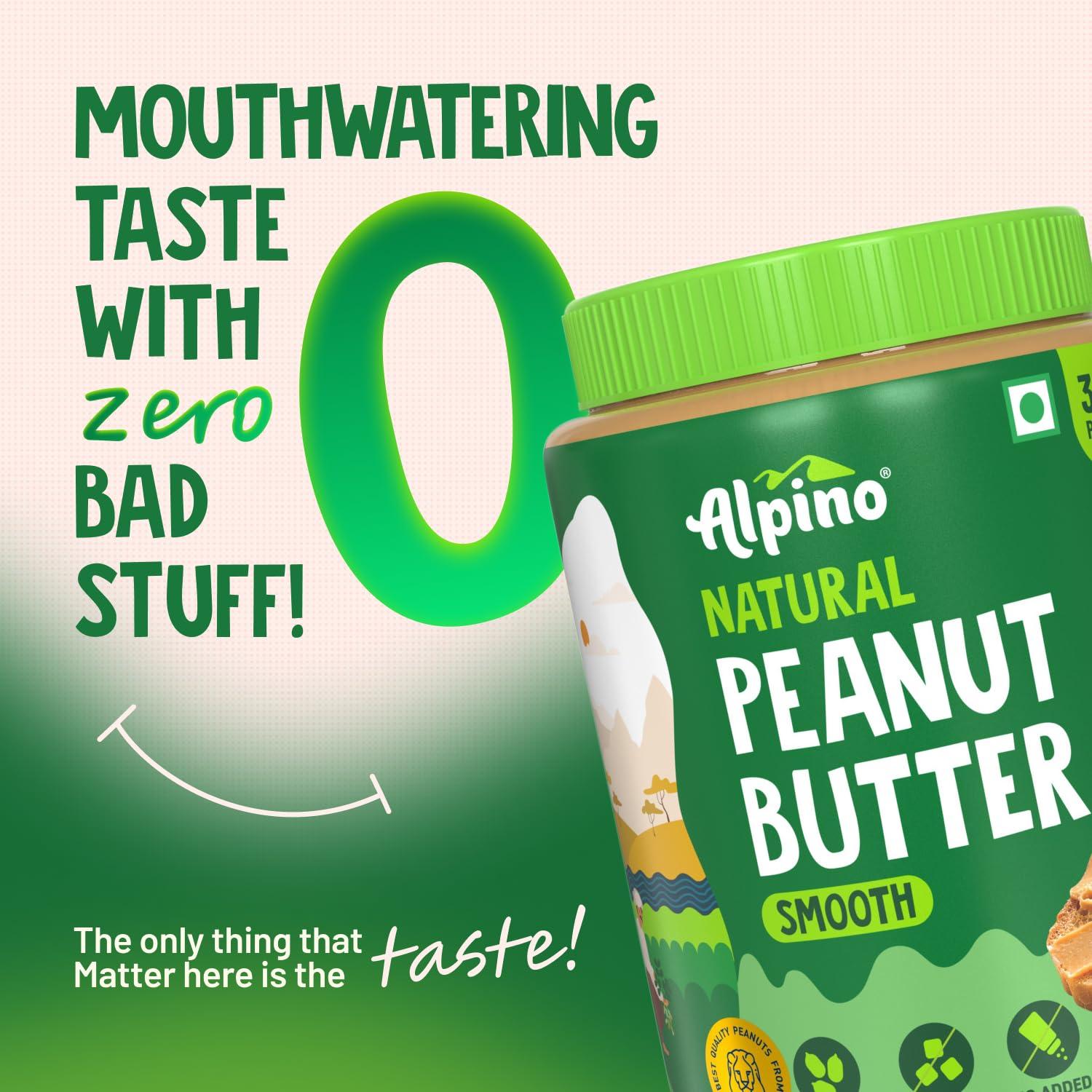 Alpino ALPINO Natural Peanut Butter Smooth 800g - Made with 100% Roasted Peanuts - 30g Protein, No Added Sugar & Salt, non-GMO, Gluten Free, Vegan Plant Based, Unsweetened Peanut Butter Creamy 400g, Pack of 2
