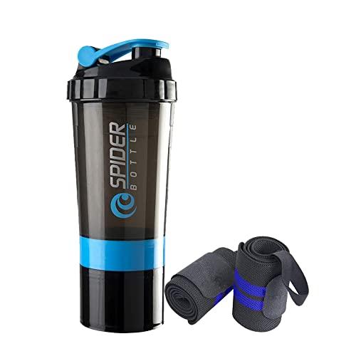 TRUE INDIAN Sports Protein Shaker Bottle With Wrist Support Band For Gym Workout & Exercise l Weightlifting l Powerlifting l Wrist Wrap l Gym Shaker l Shaker Bottle l Gym Water Bottle (500) ML. (BLUE)