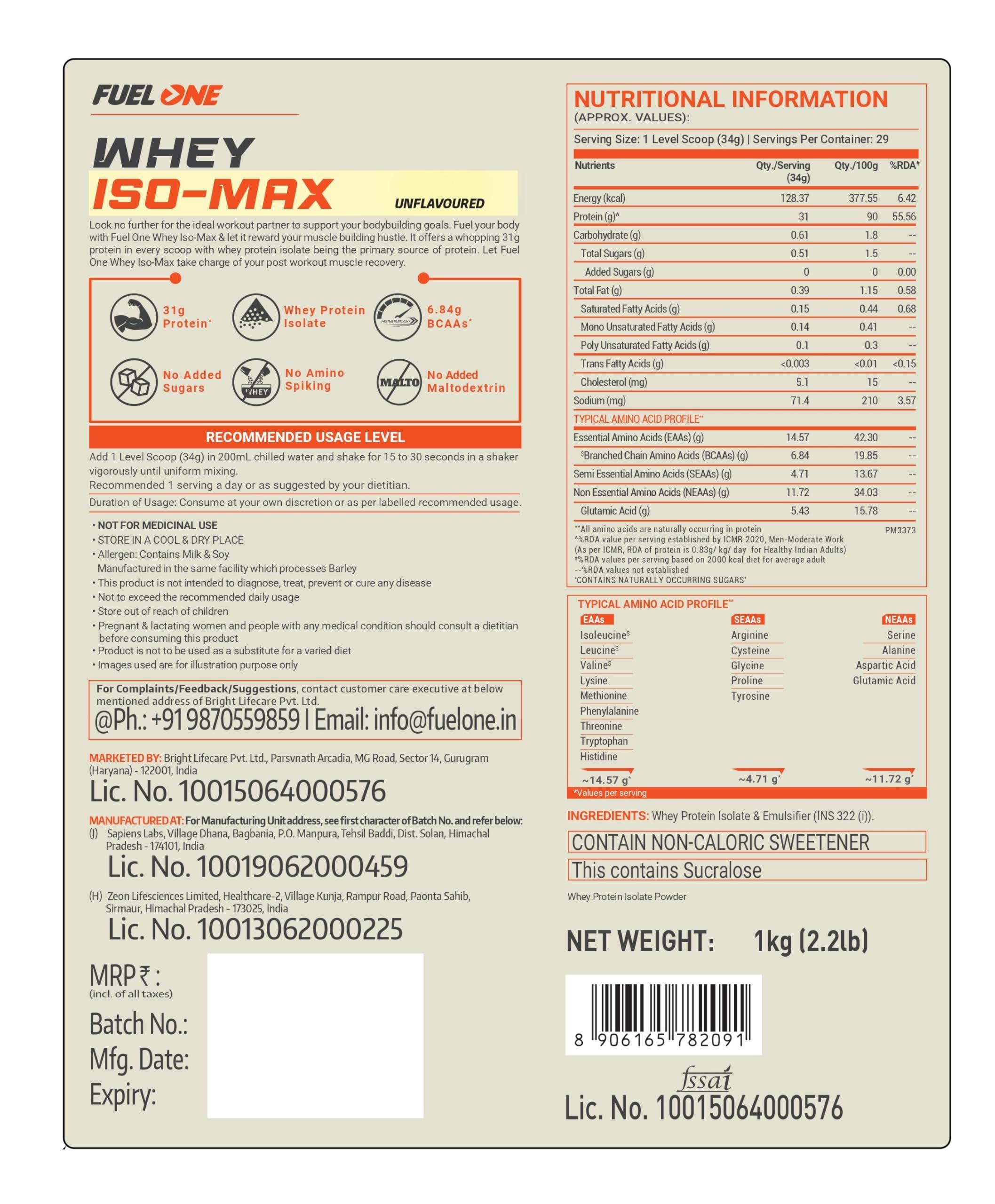 FUELONE FUELONE Whey Iso-Max, (Unflavoured, 1kg / 2.2lbs) | Whey Protein Isolate | 31g Protein & Creatine Monohydrate (Unflavoured, 100g, 33 Servings) | Combo Pack