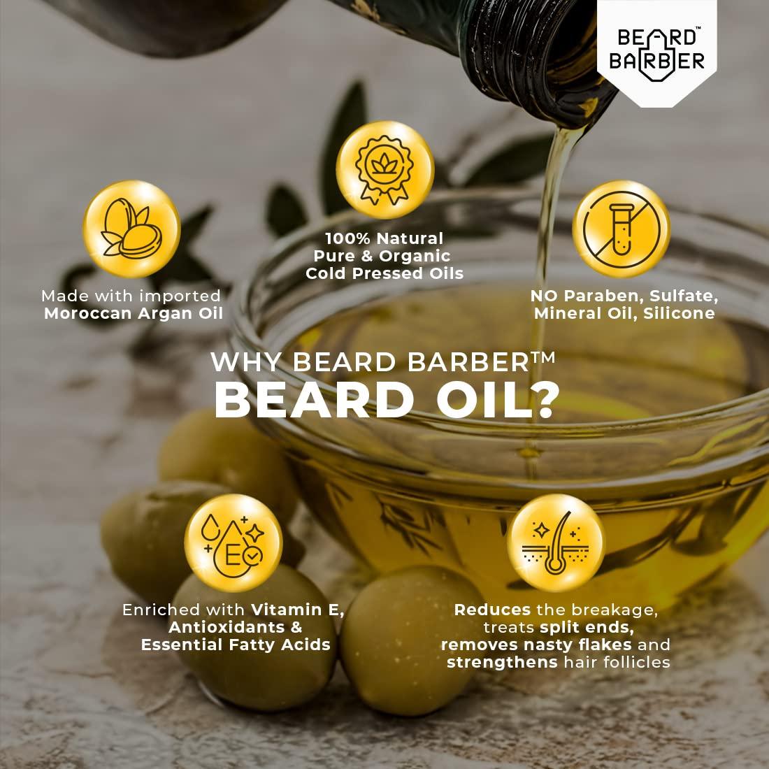 BEARD BARBER Beard Barber | Beard Growth Oil | Thicker & longer Beard with MOROCCAN ARGAN Oil, 100% NATURAL & HERBAL 8 Oils with Vit E, Cure Patchy & Ruff Beard,Split ends, No Paraben/SFS/LLP/Mineral Oil (OUD)