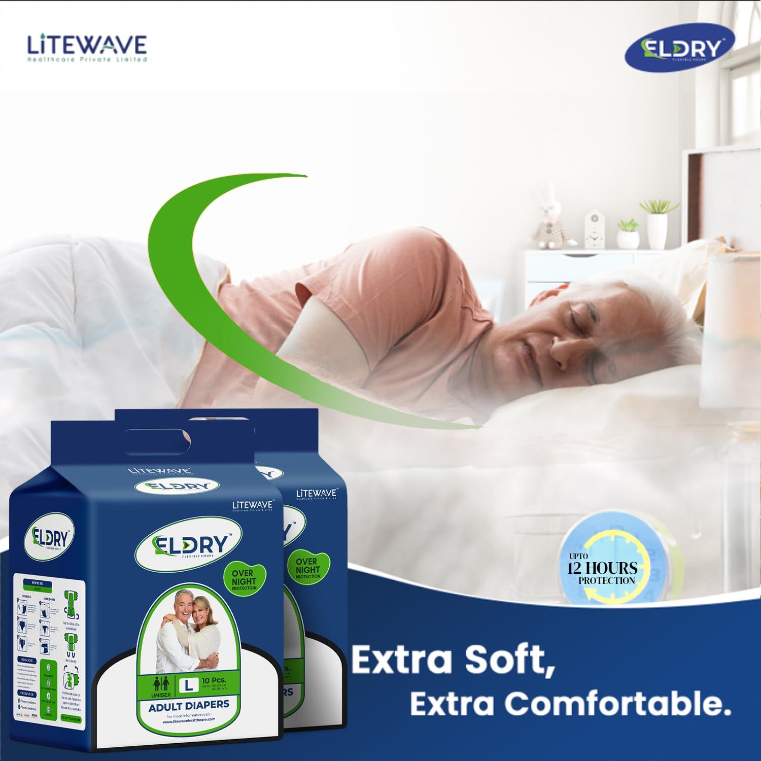 ELDRY Eldry Adult Diaper, Tape Style, Large (L) Size, 60 Count, Unisex, Waist Size (40-60 Inch | 102-152 cm), Super Absorbent Core, Wetness Indicator, Overnight Protection, Pack of 6