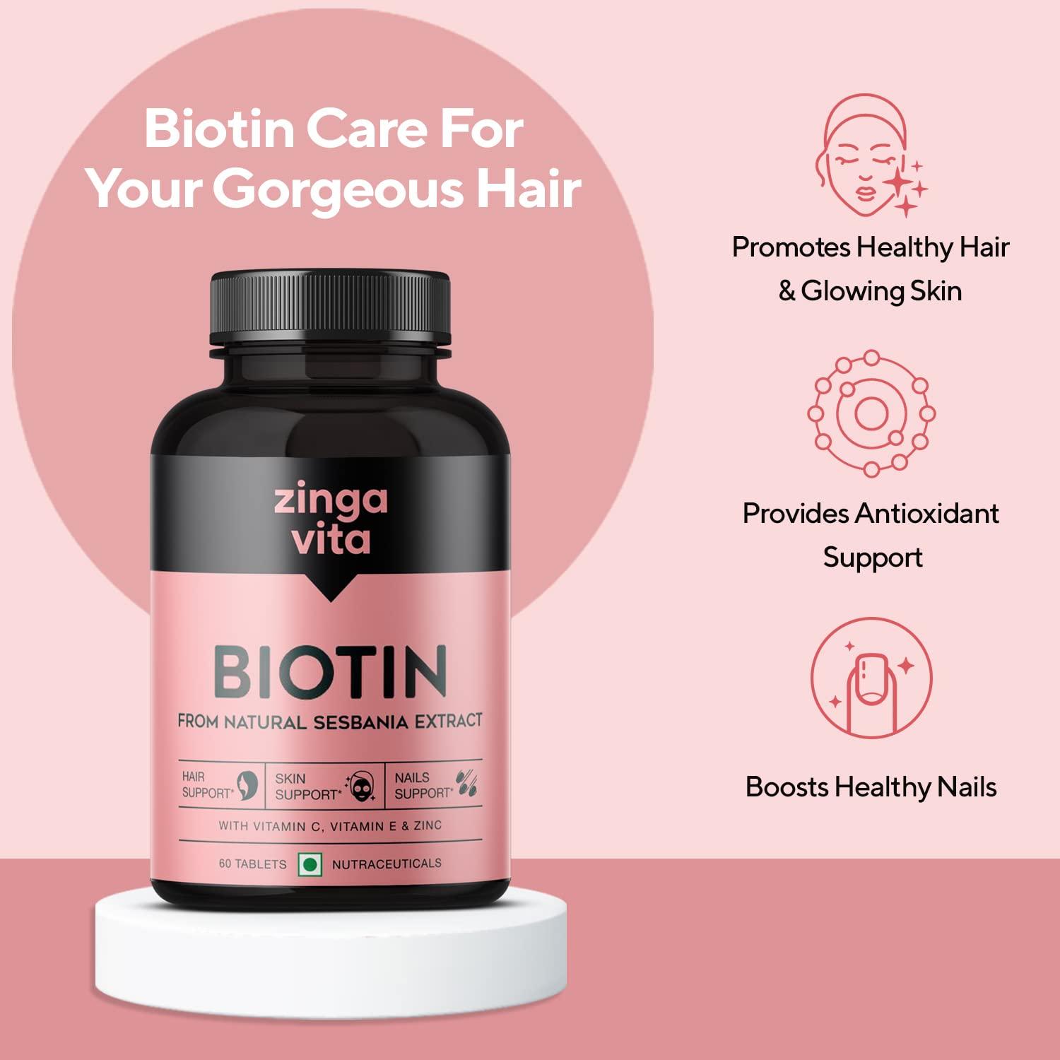 Zingavita Zingavita Advanced Biotin Tablets | Boosts Keratin Production, Reduce Hair Fall and Promote Hair Growth with Natural Sesbania Agati Leaf Extract & Hair Vitamins (Biotin, Vitamin C, Vitamin E & Zinc) for Healthy Hair, Skin & Nails For Both Men & Women
