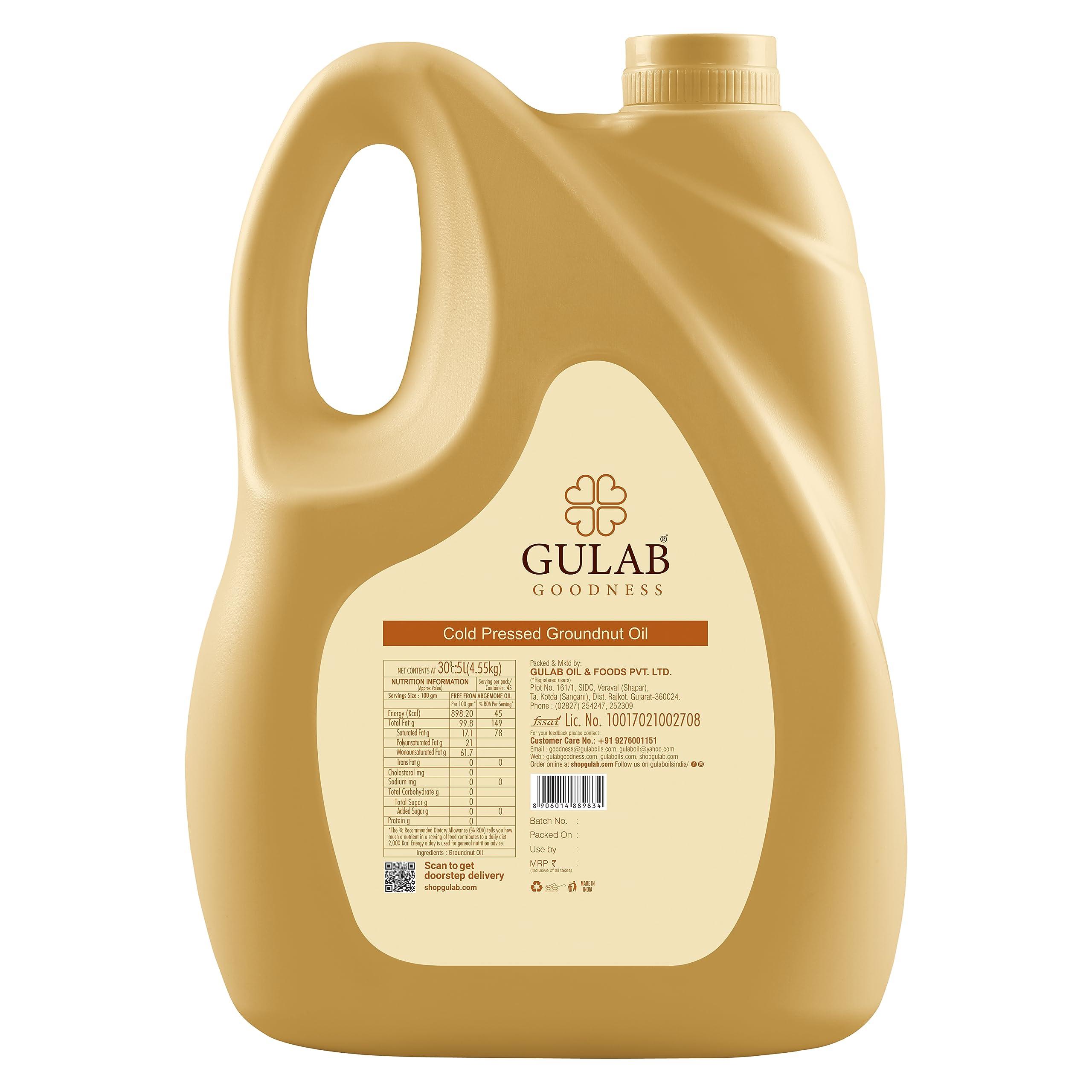 GULAB Gulab Cold Pressed Groundnut Oil - 5 Litre | Peanut Oil | Sing Tel | Kolhu/ Kachhi Ghani/ Chekku/ Wood Pressed | Natural Cooking Oil | Chemical Free