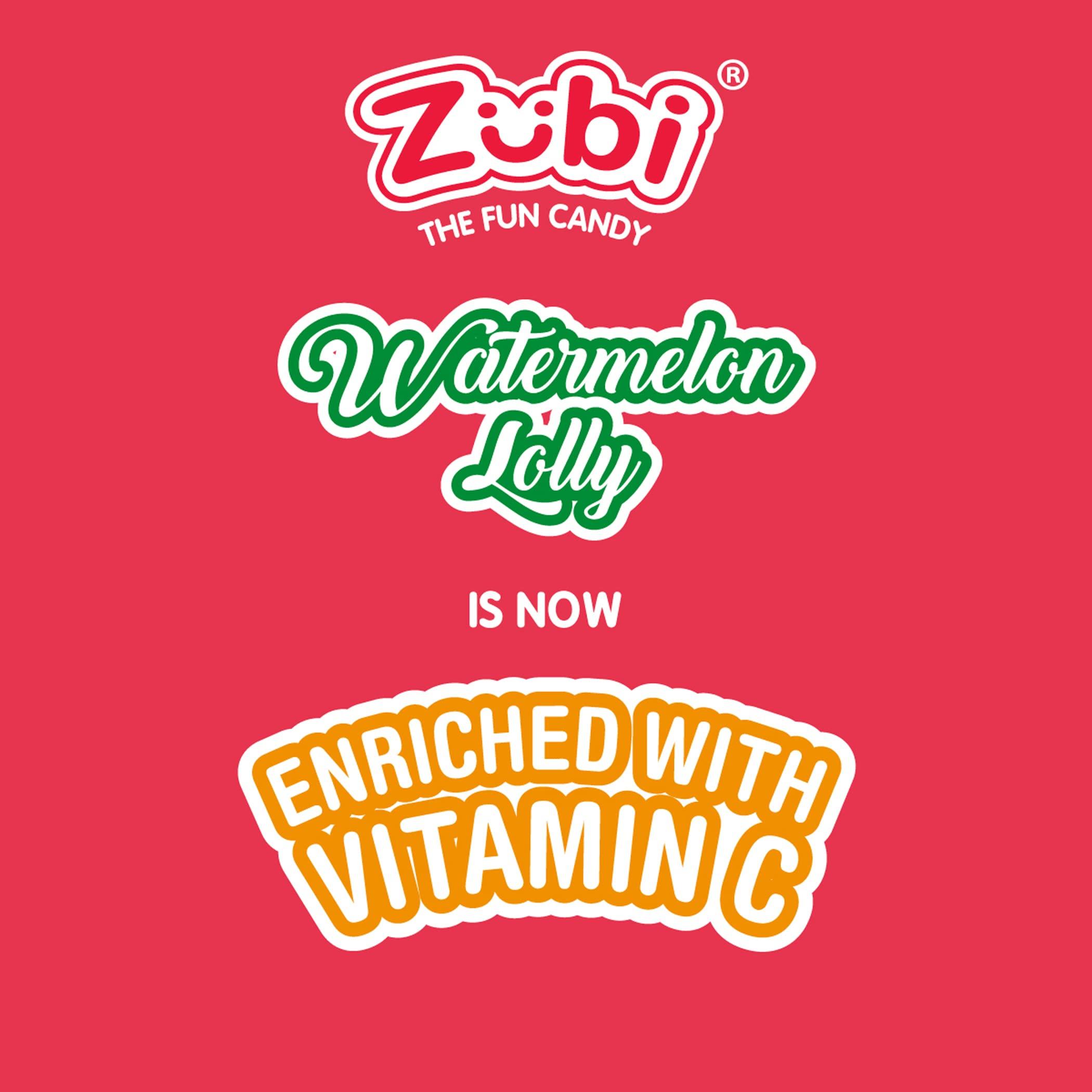 ZUBI THE FUN CANDY Zubi Candy Watermelon Lollipops | Sweet Watermelon Flavour | Enriched with Vitamin C | Gluten-Free | 80g | Pack of 12