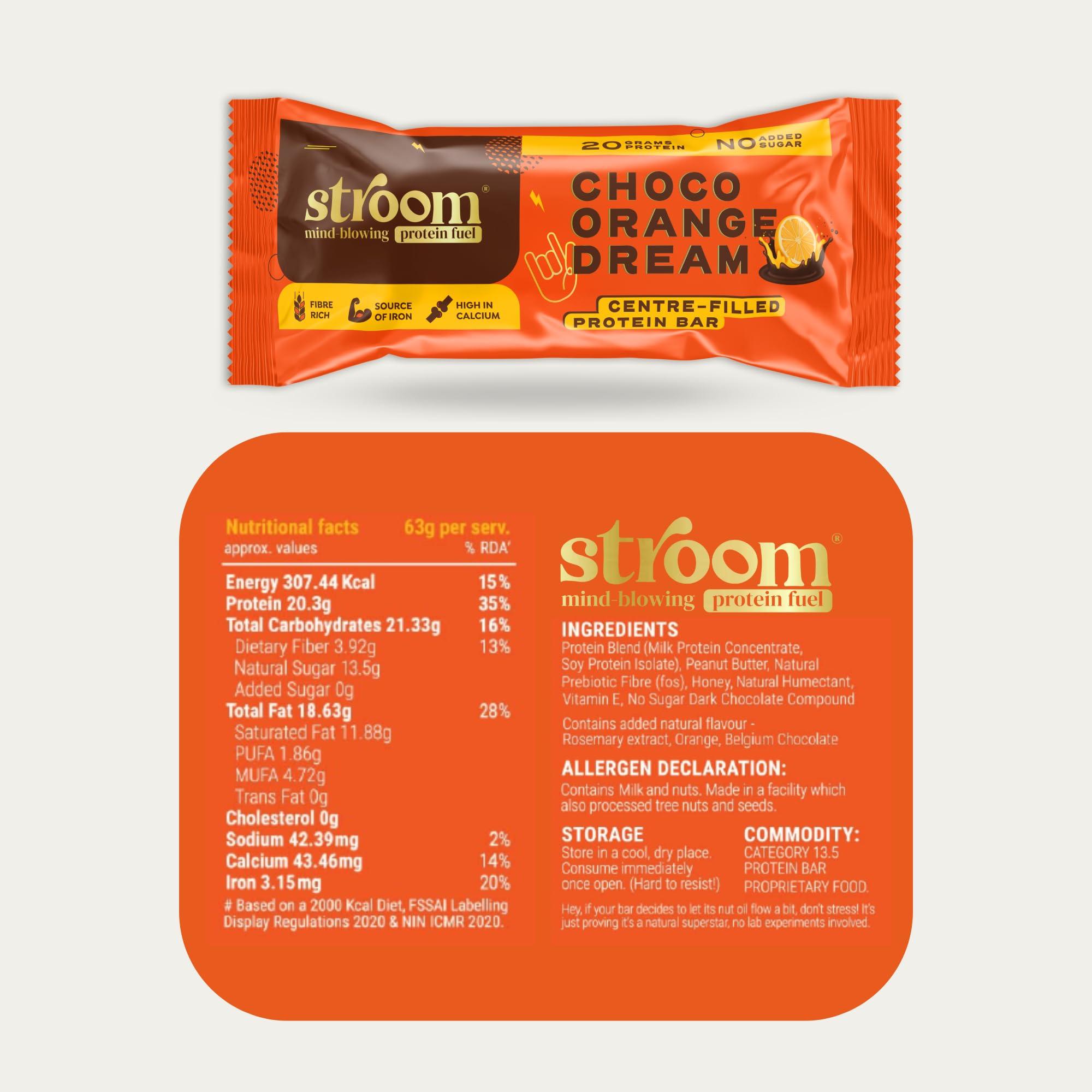 STROOM STROOM Asia\'s First Centre Filled Protein Bars | 20g Protein (5 Bars, 63 Grams Each) | Choco Orange Dream | Protein Bars for Muscle Growth & Repair | Fibre Rich | No Added Sugar