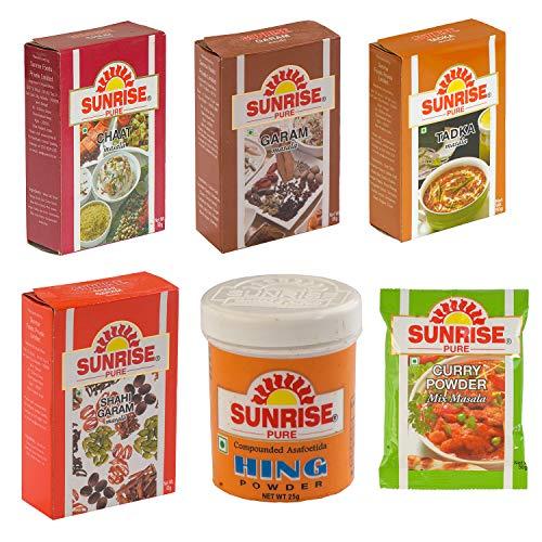 Sunrise Pure Sunrise Chaat Masala, Garam Masala, Mix Masala, Shahi Garam Masala, Tadka Masala, Each Pack 50gm with Compounded Hing 25gm (Pack of 6)