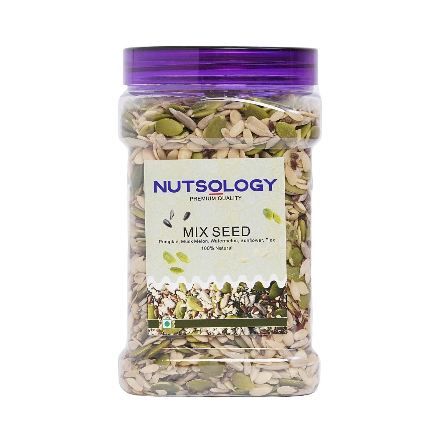 NUTSOLOGY Nutsology Premium Mix Seeds | 500g | 5 in 1 | Roasted Pumpkin, Flax & Sunflower Seed + Raw Watermelon & Muskmelon/Kharbuja Seeds | Healthy
