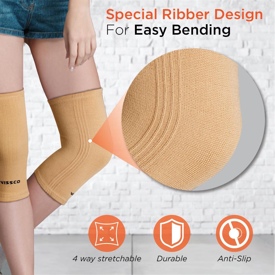 Vissco Vissco Tubular Elastic Knee Cap, Knee Support to provide Knee Pain Relief, Knee Cap For Sports, Football, Cricket, Walking And Workout (IN PAIR) - Small (Beige)