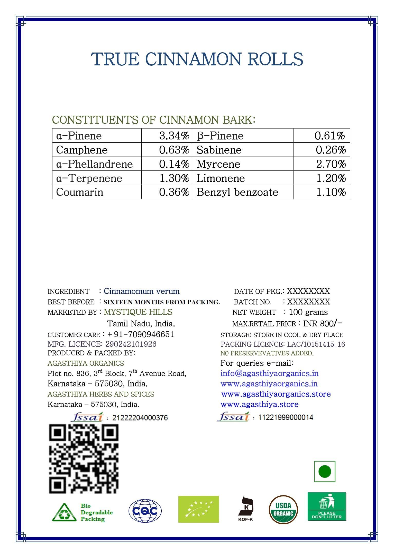 Mystique Hills Sri Lanka Organic True Cinnamon Rolls, Cinnamomum Verum (100 g)