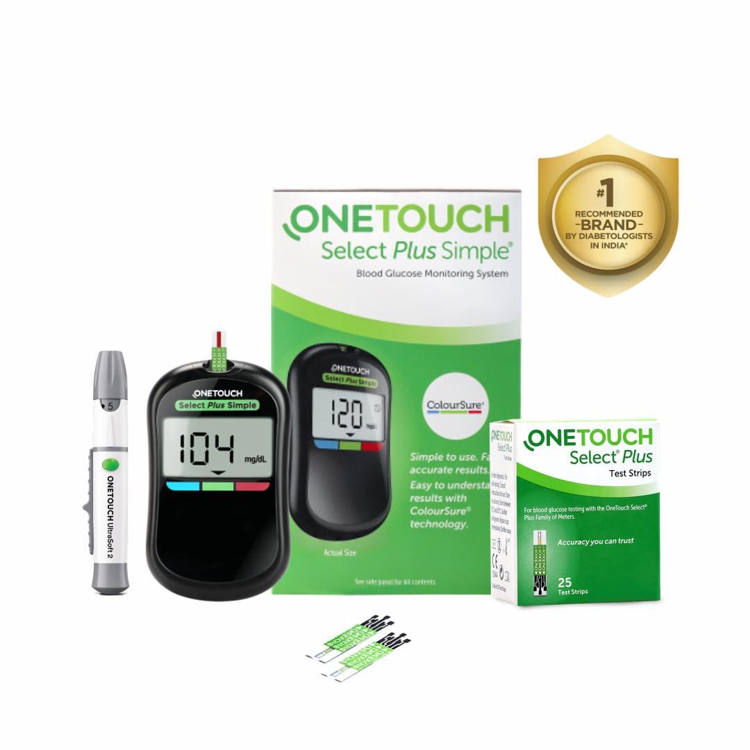 OneTouch OneTouch Select Plus Simple Glucometer Value-Pack (Free:10 Test Strips + 10 Lancets + 1 Lancing device) with pack of 25 strips