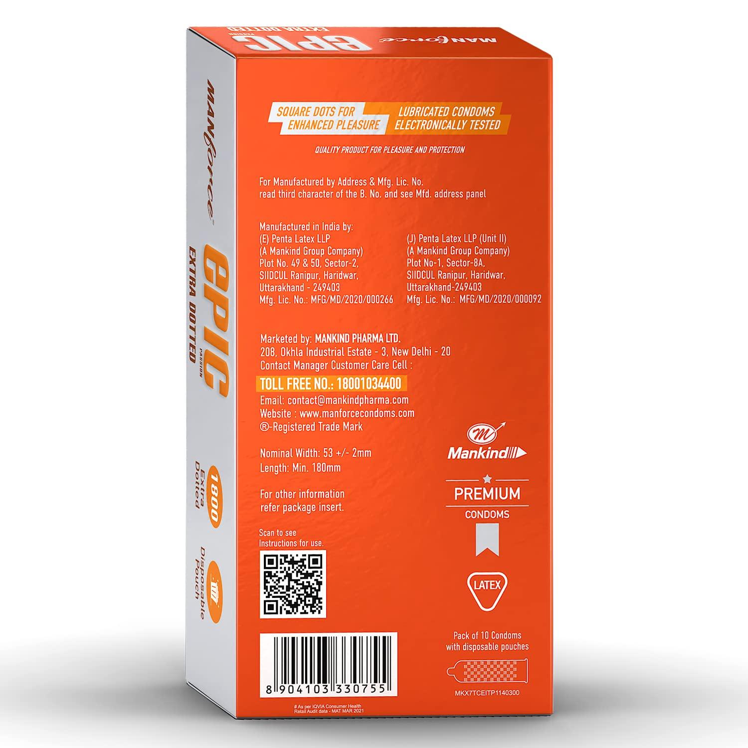 Manforce Manforce Epic Passion Fruit Punch (1800 Square Dots) Flavoured & Pleasure Raspberry Flavoured Condoms, With Disposable Pouch - 2x10s