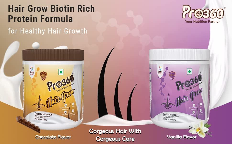 PRO360 Pro360 Hair Grow Protein Powder for Healthy Hair Growth Nutrition Supplement for Men and Women - Enriched with Biotin and Green Apple Skin Extract - Vanilla Flavor (250+250) g Pack of 2