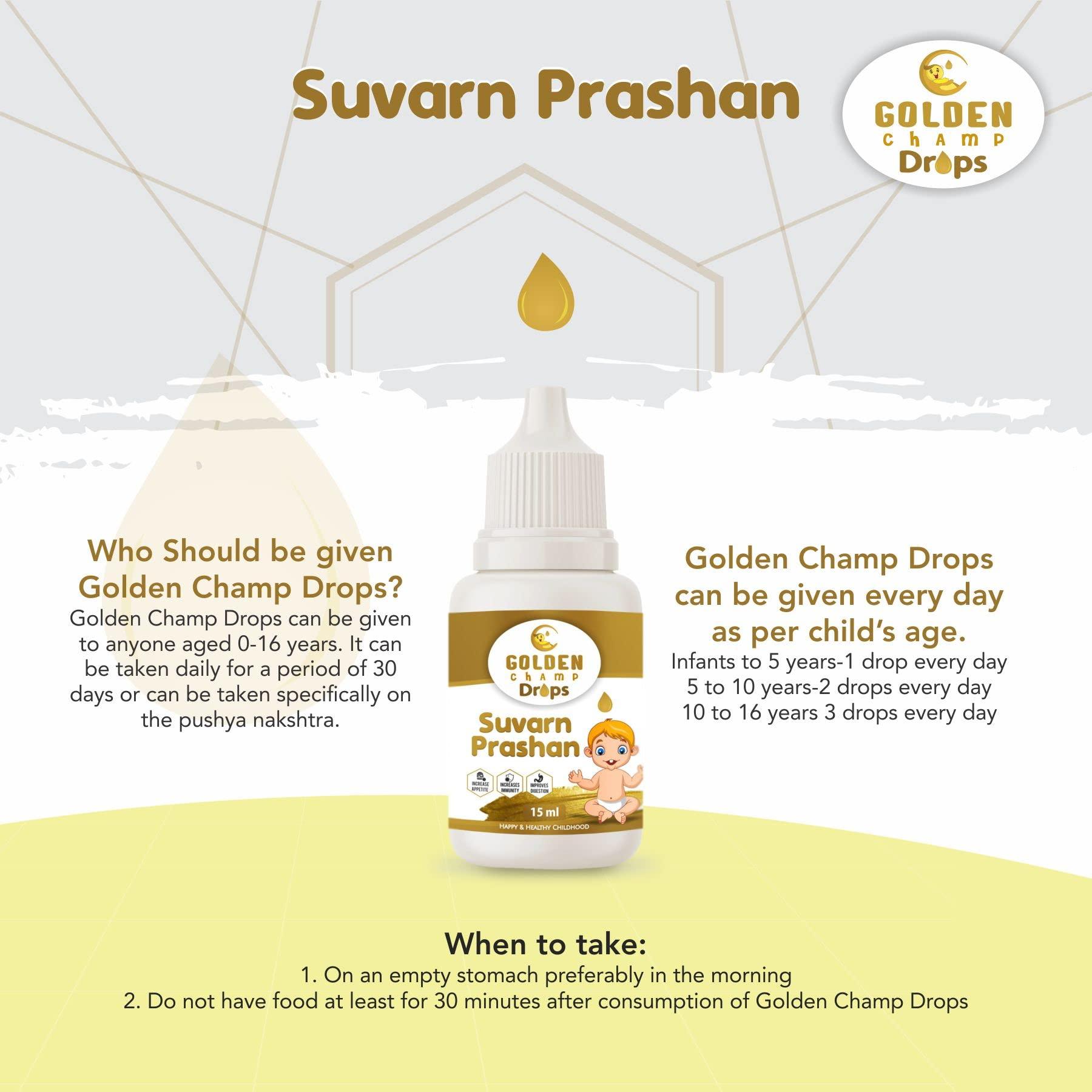 Golden Champ Drops Golden Champ Drops Swarna prashana drops with Gold Ash | Swarna Prashan | Suvarnaprashan drop for Children Ayurvedic Immunity Booster for Kids (15 ml) (GMP Certified & Ayush Approved).