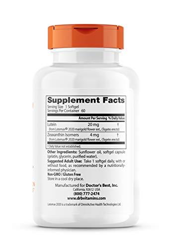 Doctor\'s BEST Doctors Best Lutein Featuring Lutemax and Meso-Zeaxanthin Supplement 20 mg (Support Visual Function) - 60 Softgels
