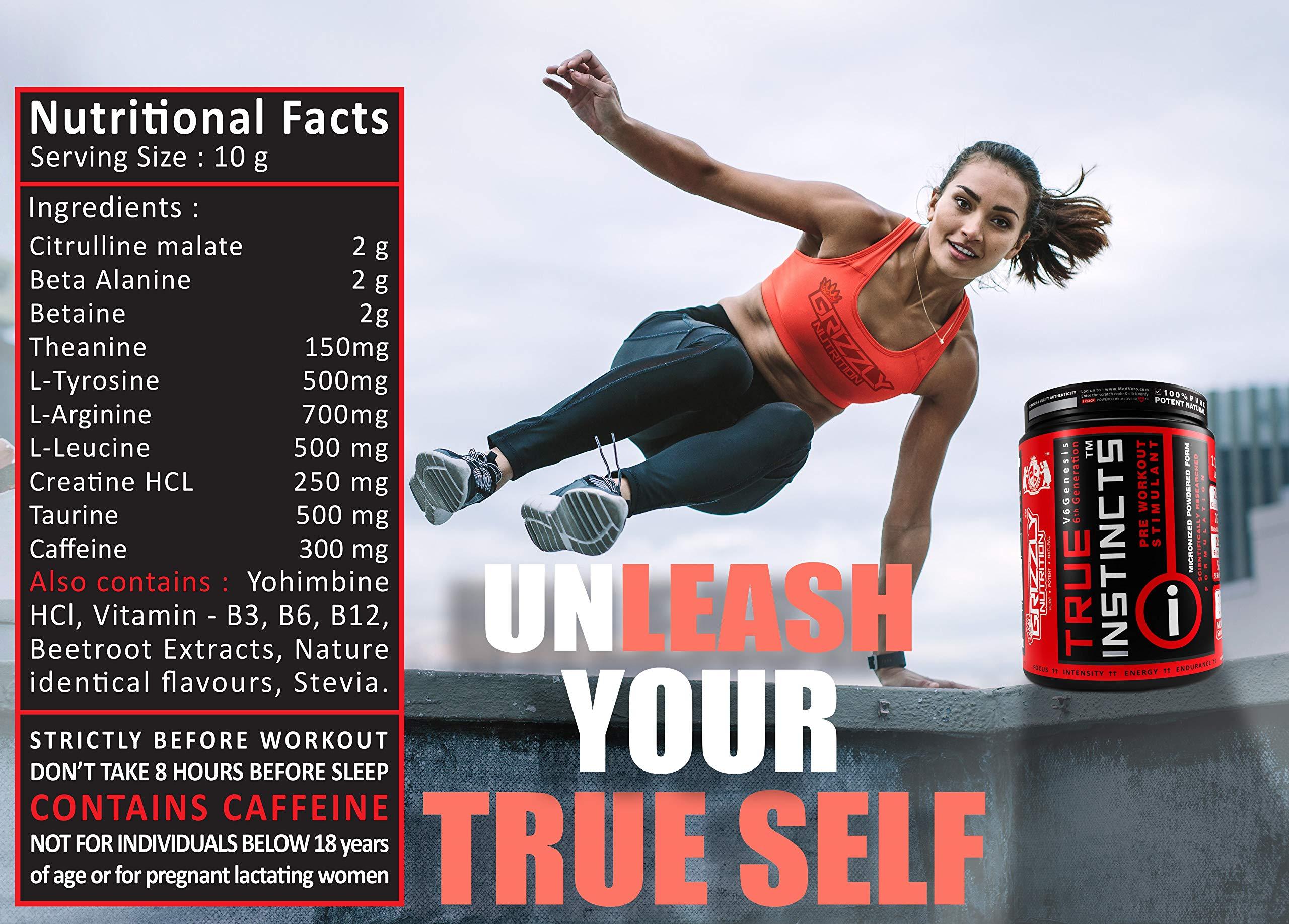 Grizzly Nutrition Grizzly Nutrition True Instincts Pre Workout (300gms Powder, Watermelon Tequila Flavour)- V6 Genesis-/6th generation/ upto 60 Servings, citrulline, beta alanine, theanine +13 performance boosters