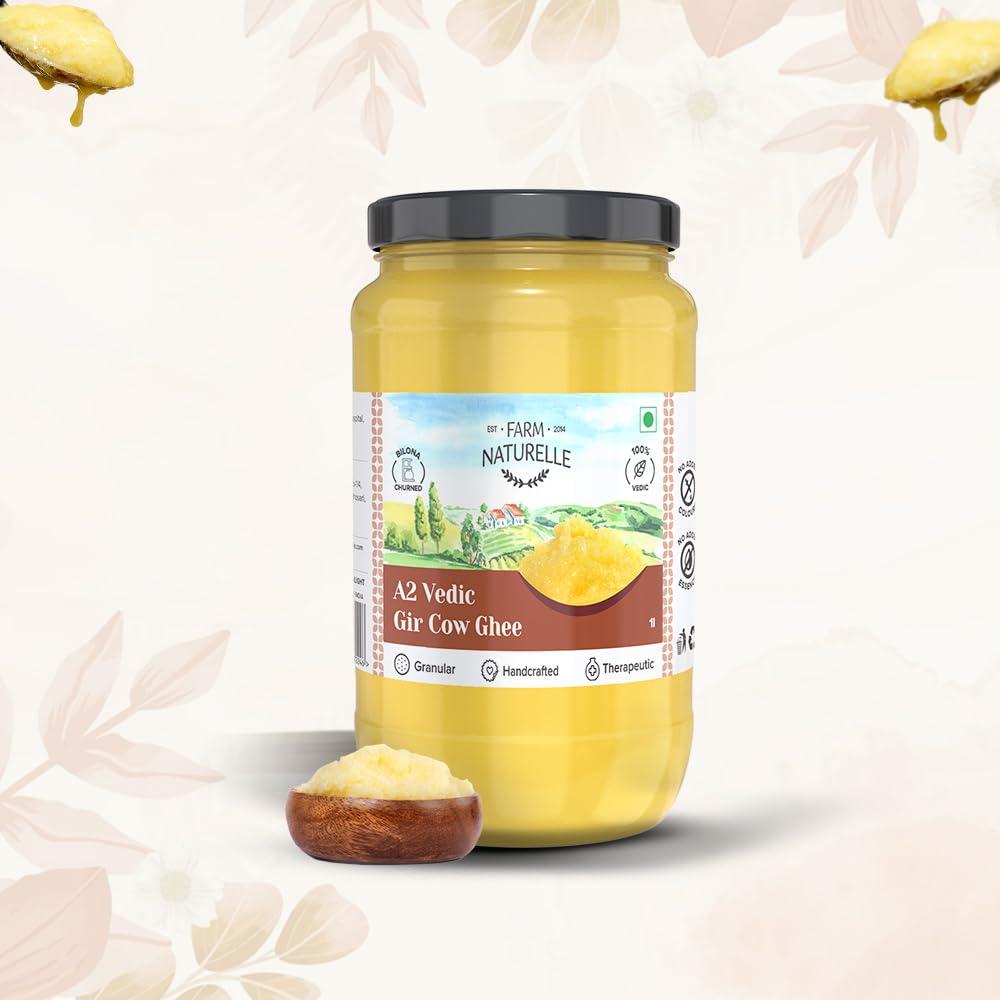 Farm Naturelle Farm Naturelle A2 Pure Gir Cow Ghee 500ml + 50ml Extra In Glass Bottle | Extra Wooden Spoon | 100% Desi Gir Cow Ghee | Vedic Bilona Method-Curd Churned-Golden | Lab Tested Grainy & Aromatic, Keto Friendly | Non-GMO Grassfed, Premium & Traditional Ghe