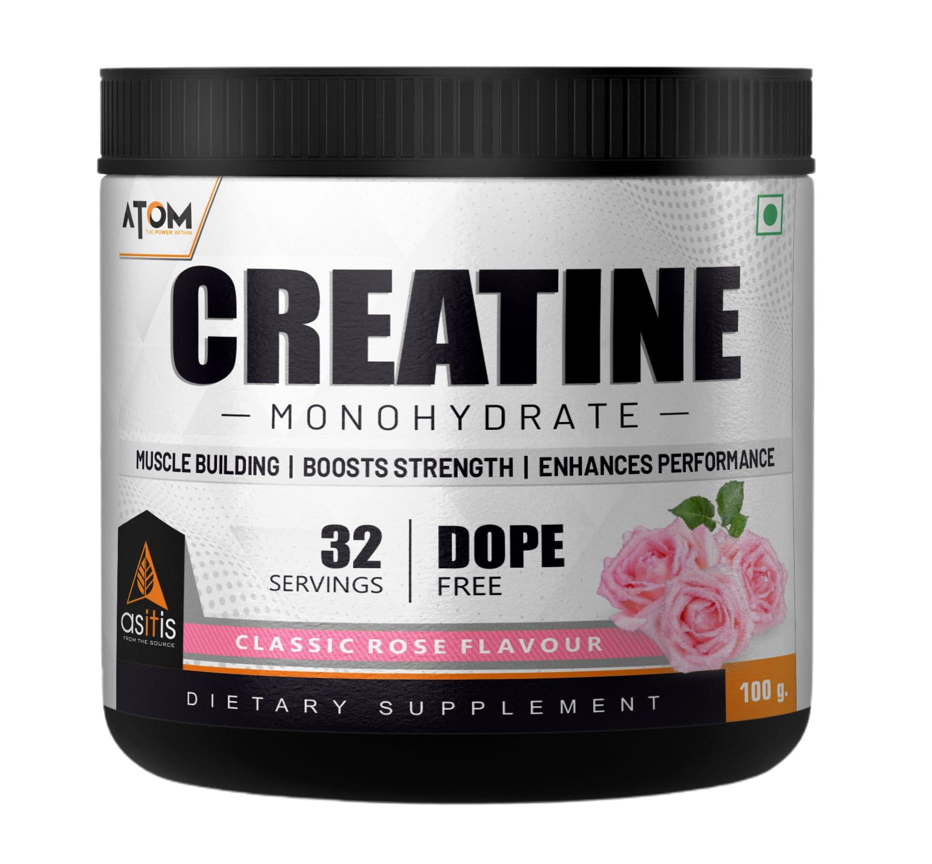 Asitis Nutrition Asitis Nutrition ATOM Creatine Monohydrate 100g - 32 Servings, Classic Rose, Dope Free, Enhances Performance, Promotes Muscle Gains, powder, 1 count