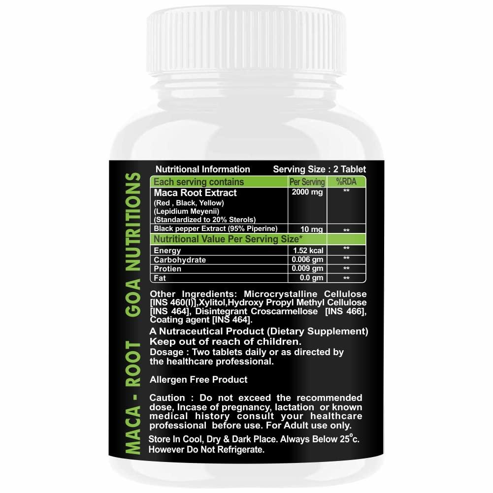 GOA NUTRITIONS GOA NUTRITIONS Maca Root Extract Adaptogen Complex Red, Black and Yellow Grade, As Dietary Supplement, No Sugar, Preservatives, And Talc -60 Tablets (Pack 1)