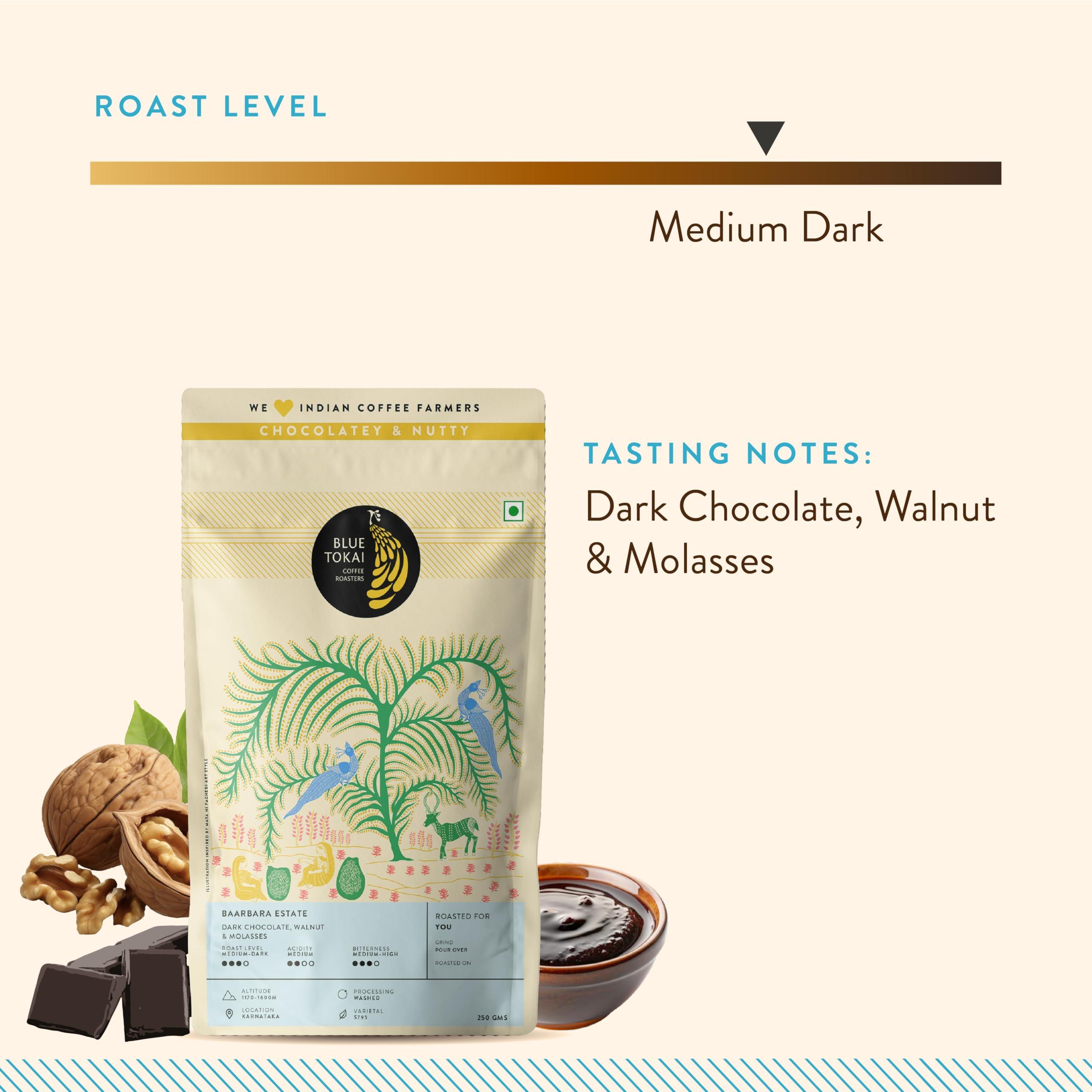 Blue Tokai Coffee Roasters Blue Tokai Coffee Roasters Baarbara Estate - Medium Dark Roast (South Indian Filter Grind) 500g | Made With 100% Specialty Grade Arabica Freshly Roasted Ground Coffee, Bag
