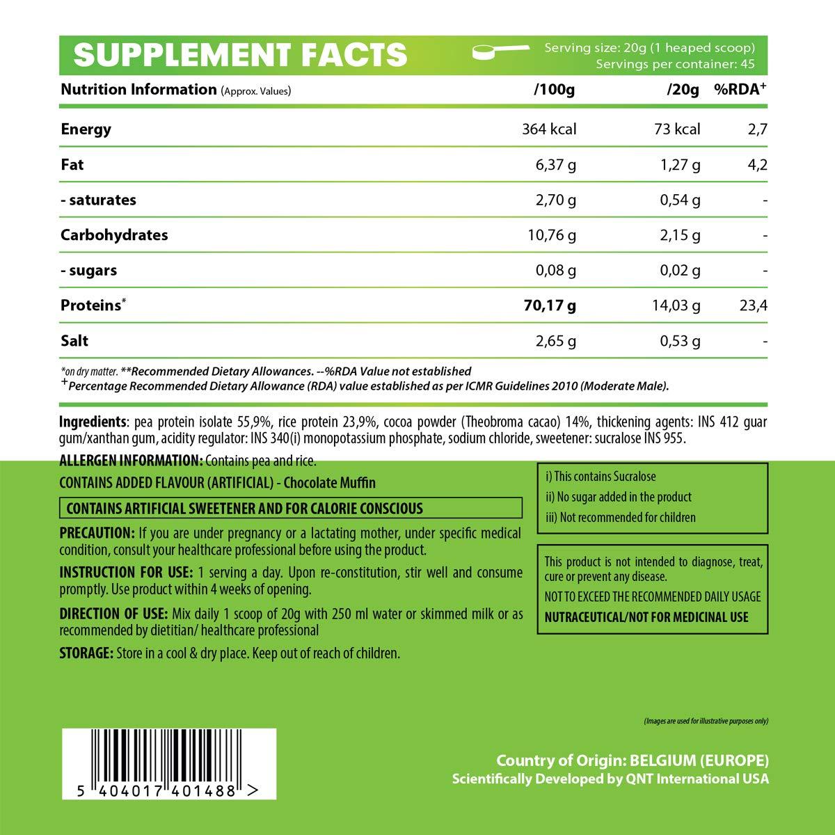 QNT QNT Vegan Protein | 100% Plant Based Protein with Amino Acids | Chocolate Muffin Flavour | 908g | 45 Servings (70% Protein, 0 Sugar, Lactose free)