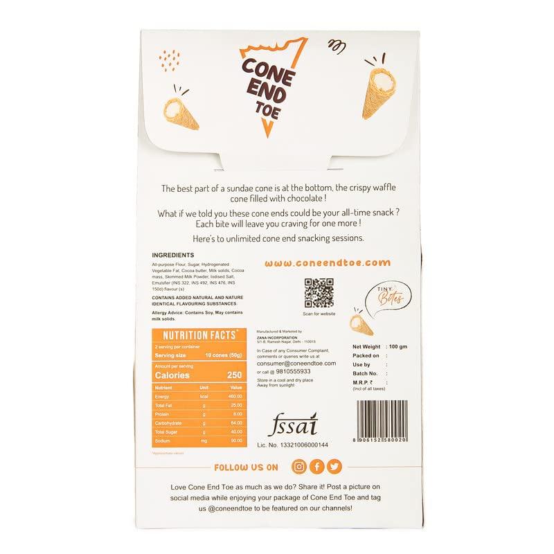 Cone End Toe Cone End Toe Mini Waffle cone, Mini chocolate cone, Conio waffle cone snacks Ice Cream Waffle Cones, Mini Waffle Chocolate, cones for ice cream Box Pack (100gm+50gm FREE) (White Chocolate)
