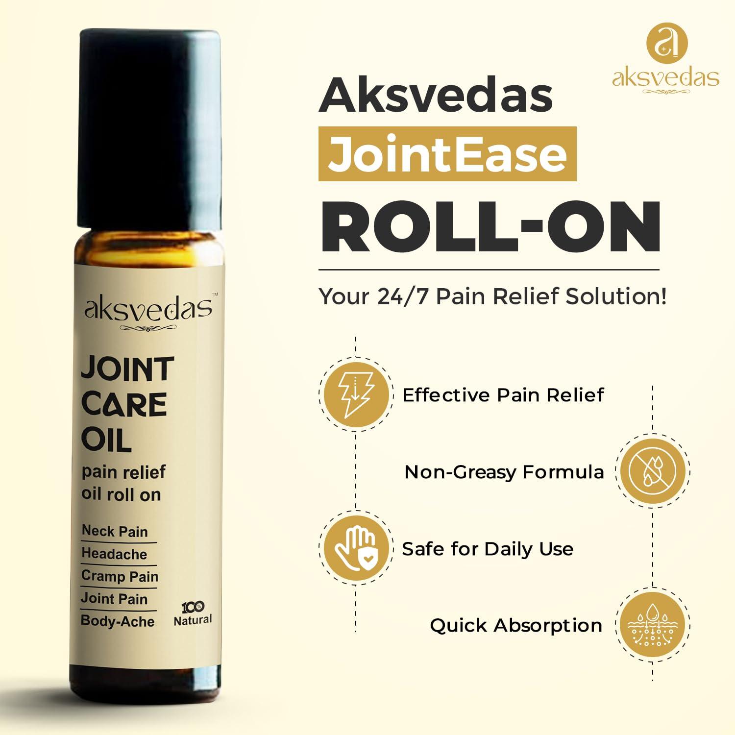 aksvedas Aksvedas Joint Care Oil | Pain Relief Oil Roll On | Ayush Approved Joint Care Oil | Neck Pain | Headache | Cramp Pain | Body Ache | Knee Pain | Back Pain Relief Oil | 10ml + 10ml (Buy One Get One)