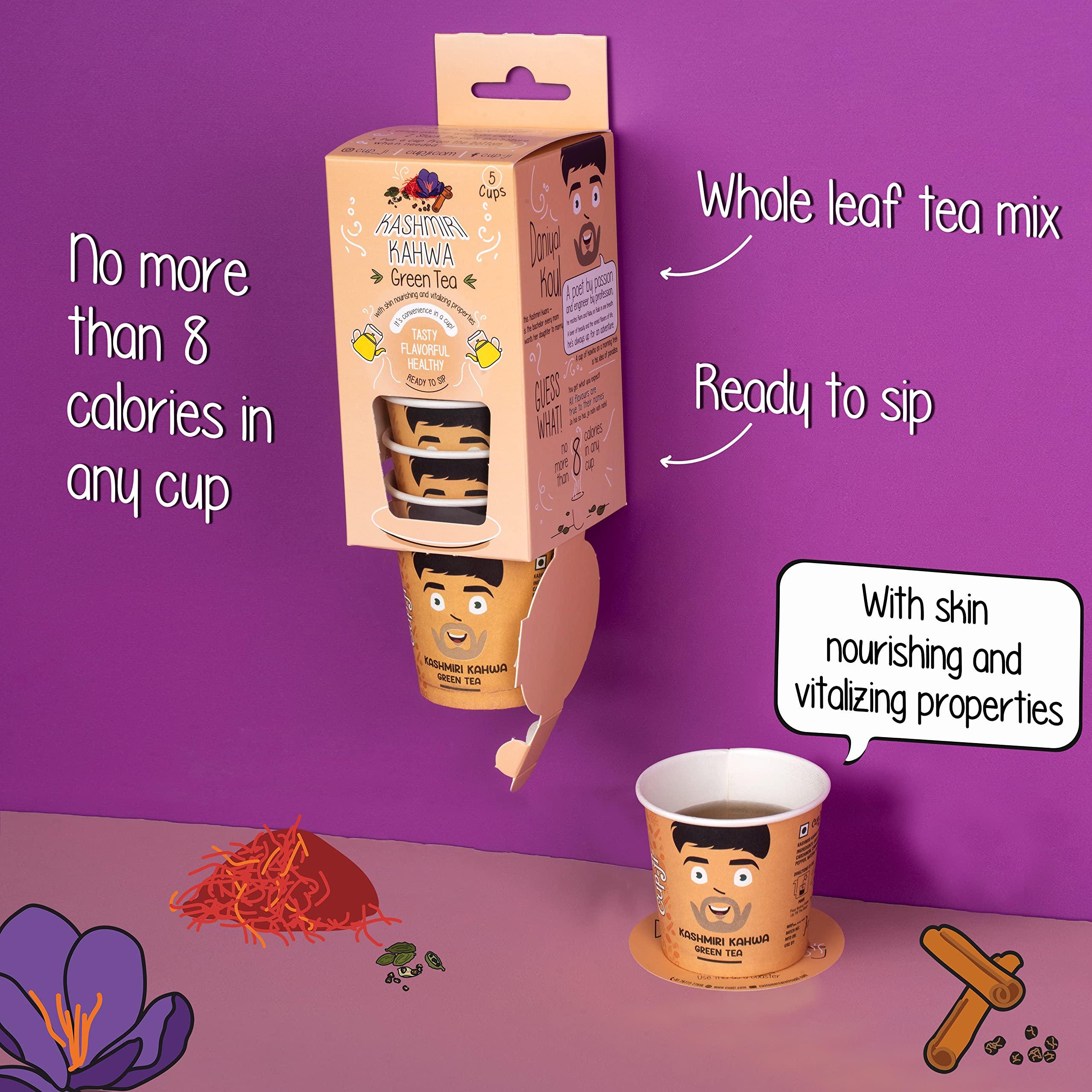 Cup-Ji Cup-Ji Kashmiri Kahwa Green Tea For Glowing Skin | Ready-to-Sip Tea Cups | 5 Cups Dispenser | 2 Packs | Sugar-free | Whole Leaf Teas | All Natural | Non - Bitter Green Tea | Less than 8 Calories.