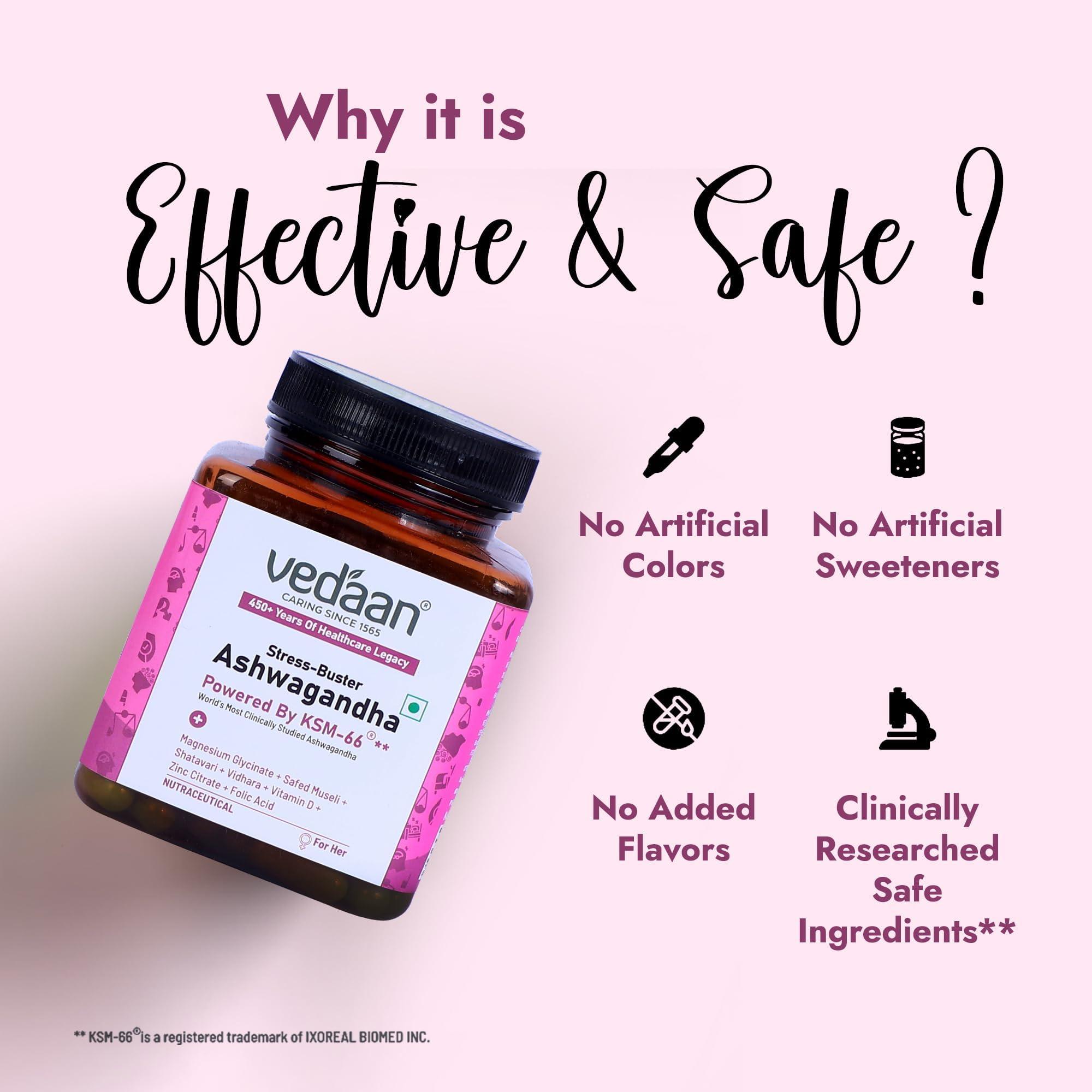 Vedaan Vedaan KSM-66 Ashwagandha for Women - Energy, Stress Relief & Sleep Improvement | Formula for Mood, Focus & Immune Support | Assistance in Hormonal Support - 60 Capsules Pack