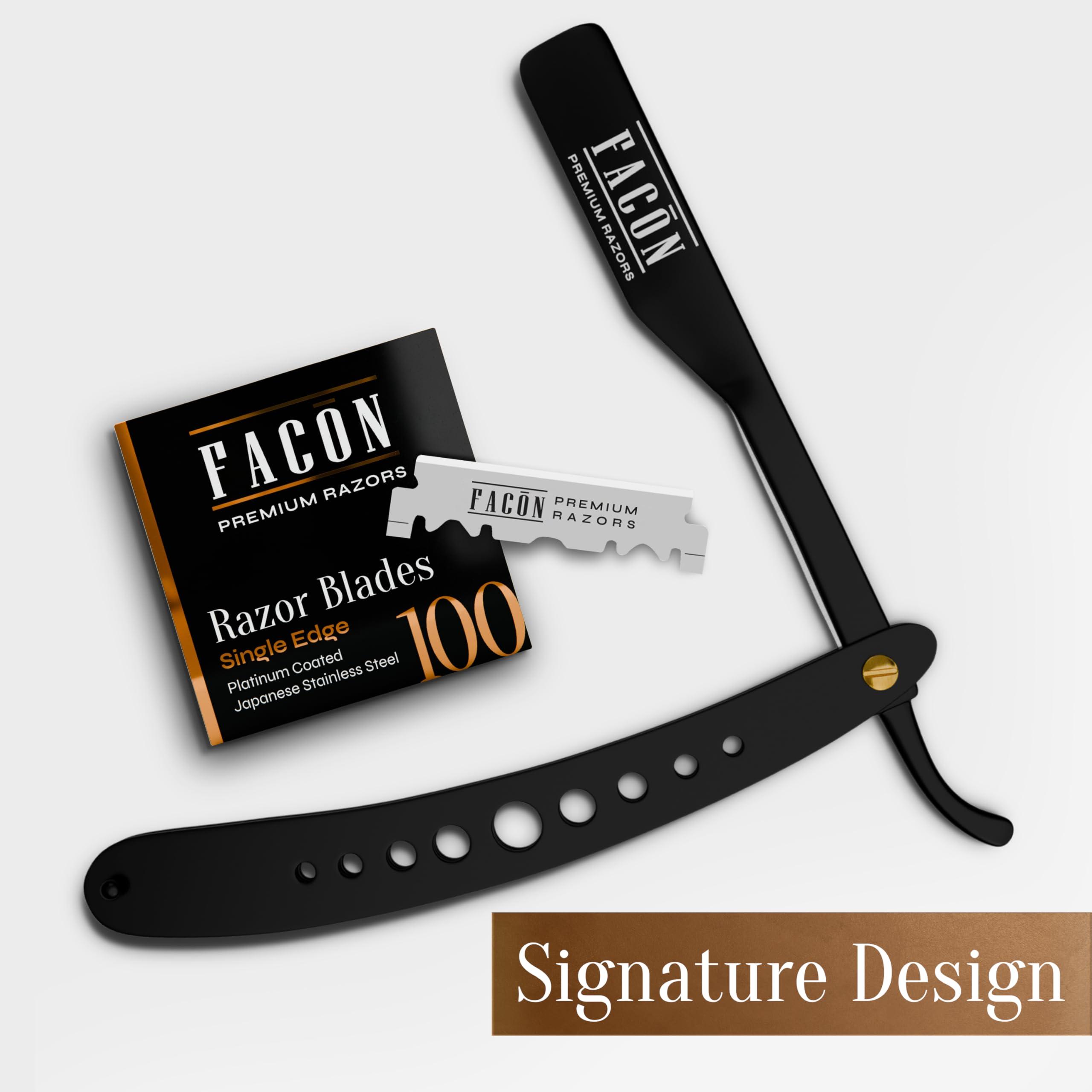 FACON Facón Professional Straight Edge Barber Razor/Rasoirs/Rasoi with Adjustable Tension Screw - Salon Grade Quality Cut Throat Shavette - Japanese Stainless Steel - Black & Gold Limited Edition Gift Box