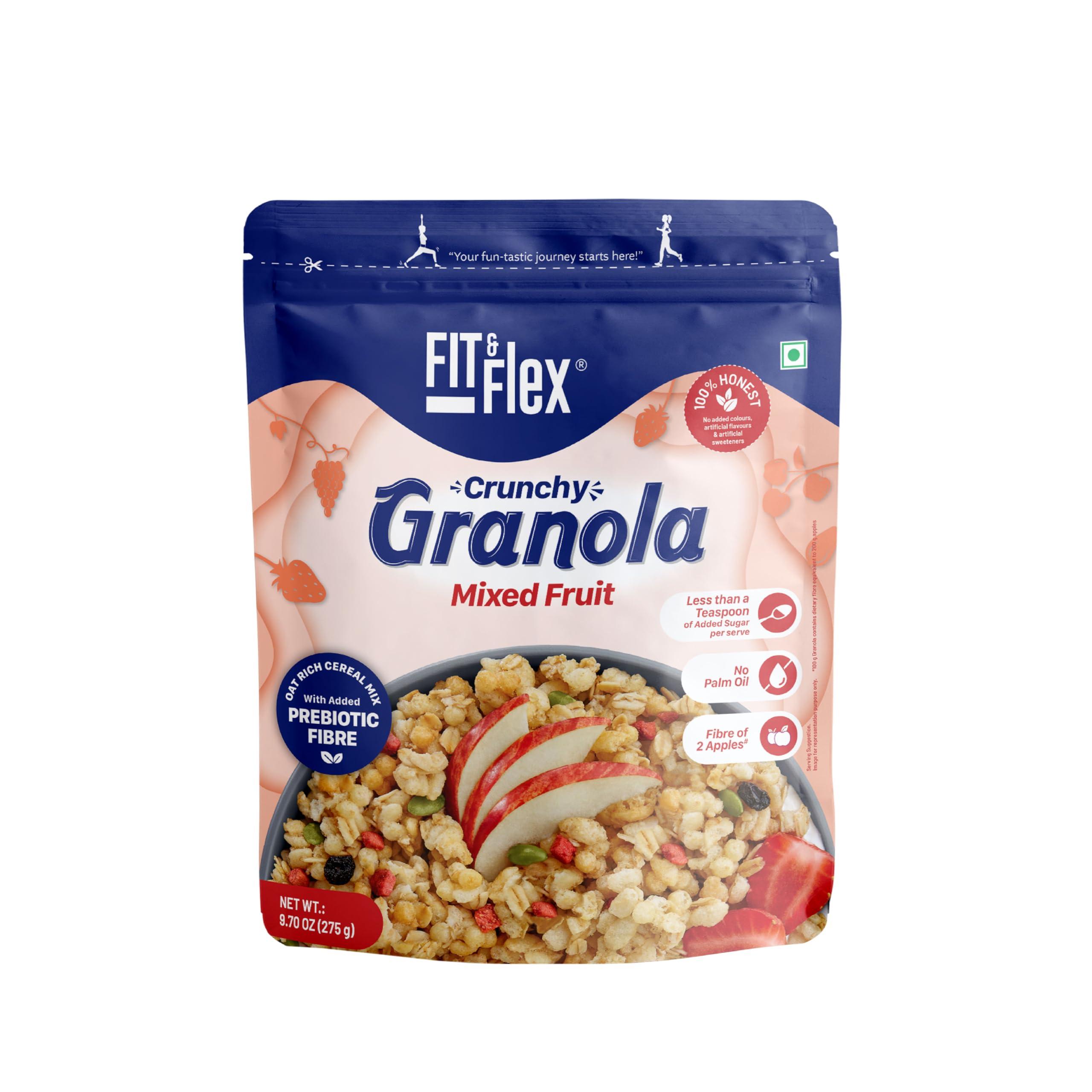 FIT & FLEX FIT & FLEX Baked Granola Mixed Fruit Oat Rich Cereal With Real Freeze Dried Fruits Ready To Eat Healthy Breakfast Food Cholesterol Free With Immunity Boosters As Seen On Shark Tank India 275 Gm