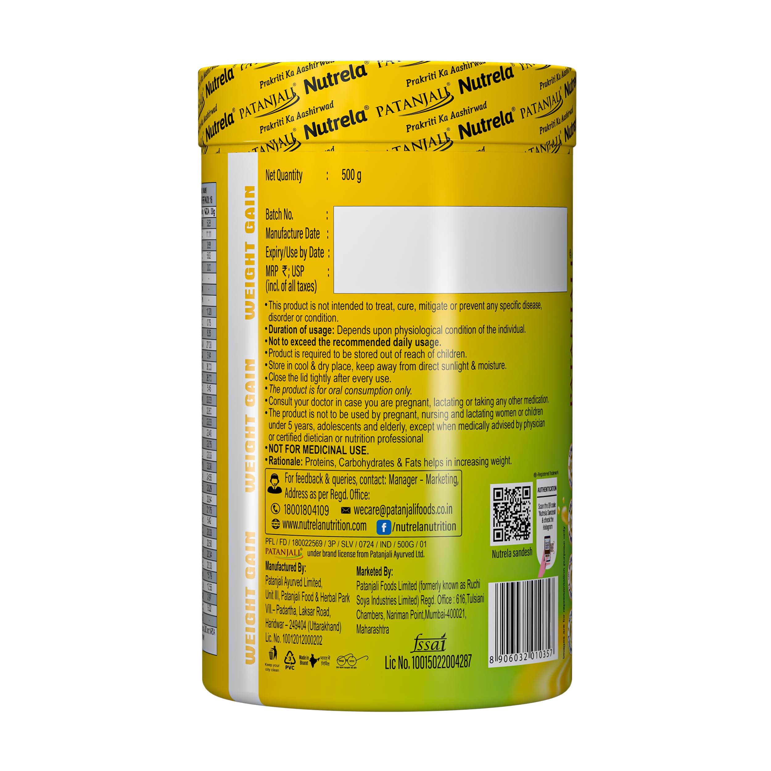 NUTRELA Nutrela Weight Gainer Powder - 500 gram, Mango Flavour | 20g Protein, 66.8 Carbs, 13 Vitamins & 12 Minerals with Khandsari Sugar | Ideal for Athlete, Men, Women & Kids above 10 Year