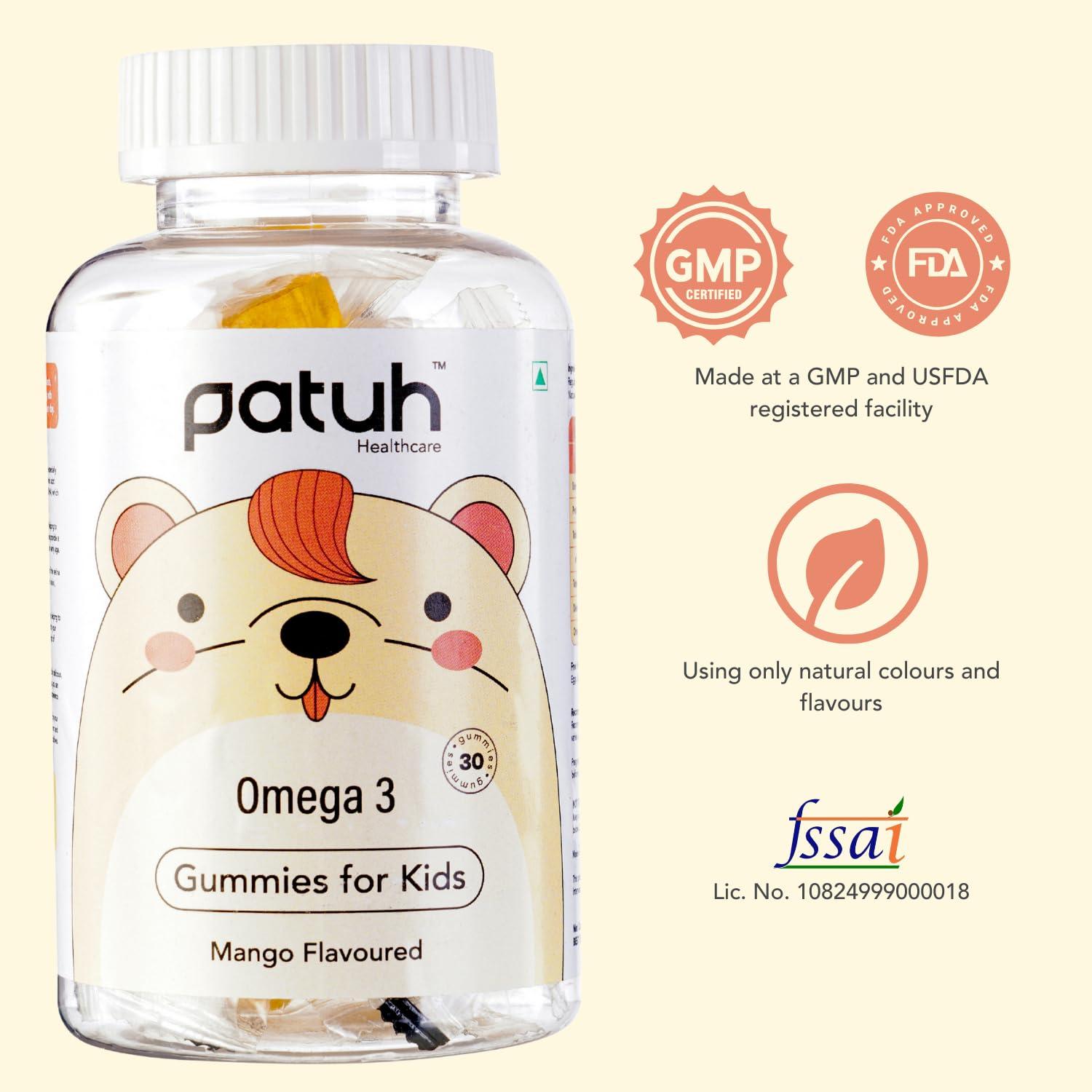 PATUH HEALTHCARE Patuh Healthcare Combo Calcium and Vitamin D3, Iron, Omega 3 Gummies for kids (4 years+) | 30 Day Pack | 100% Vegetarian, Natural Strawberry flavour,Pomegranate flavour,Mango flavour